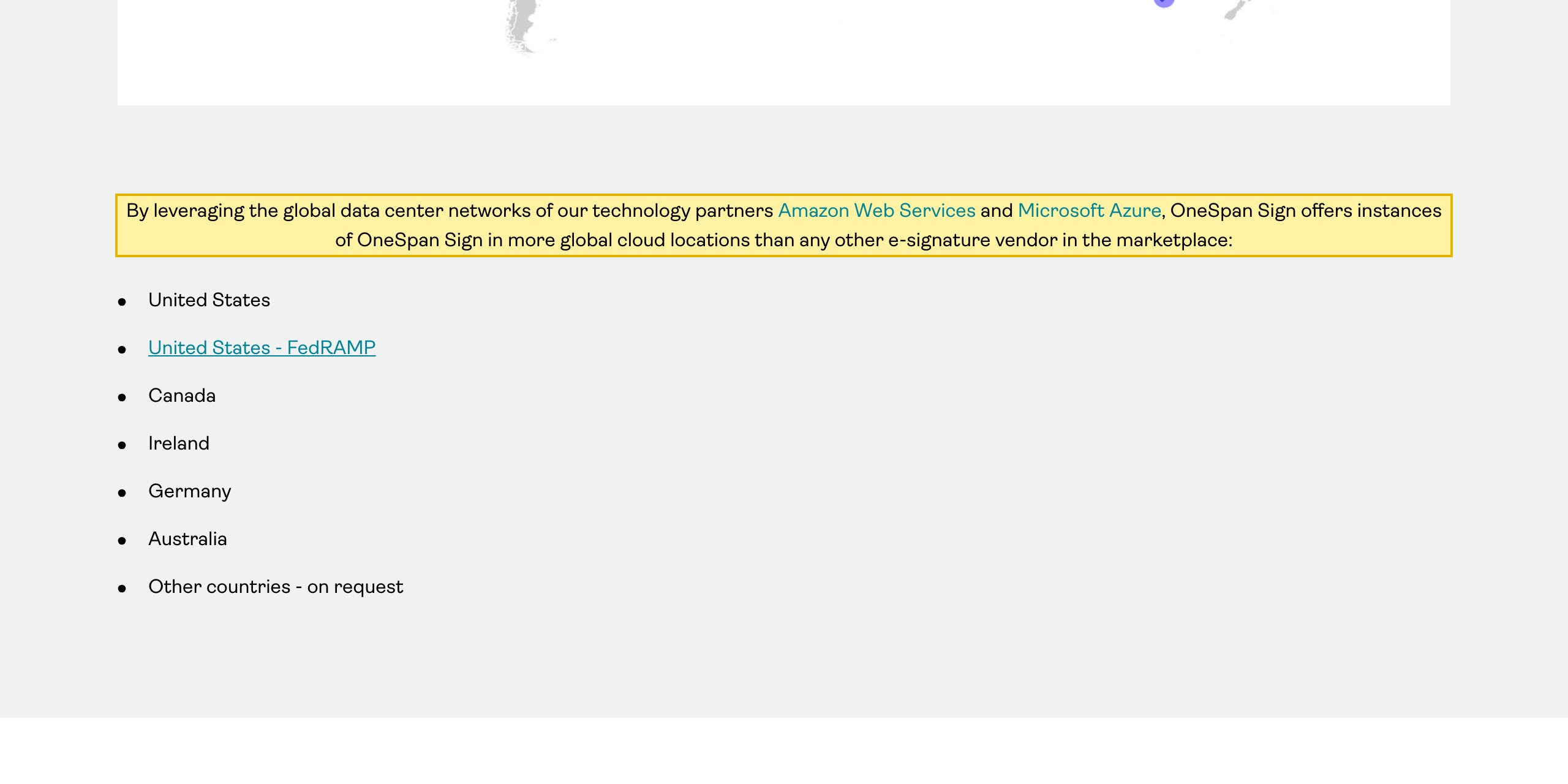 OneSpan Data Residency page listing its OneSpan Sign data-center regions — United States, United States FedRAMP, Canada, Ireland, Germany and Australia, with other countries on request — and no mainland-China location
