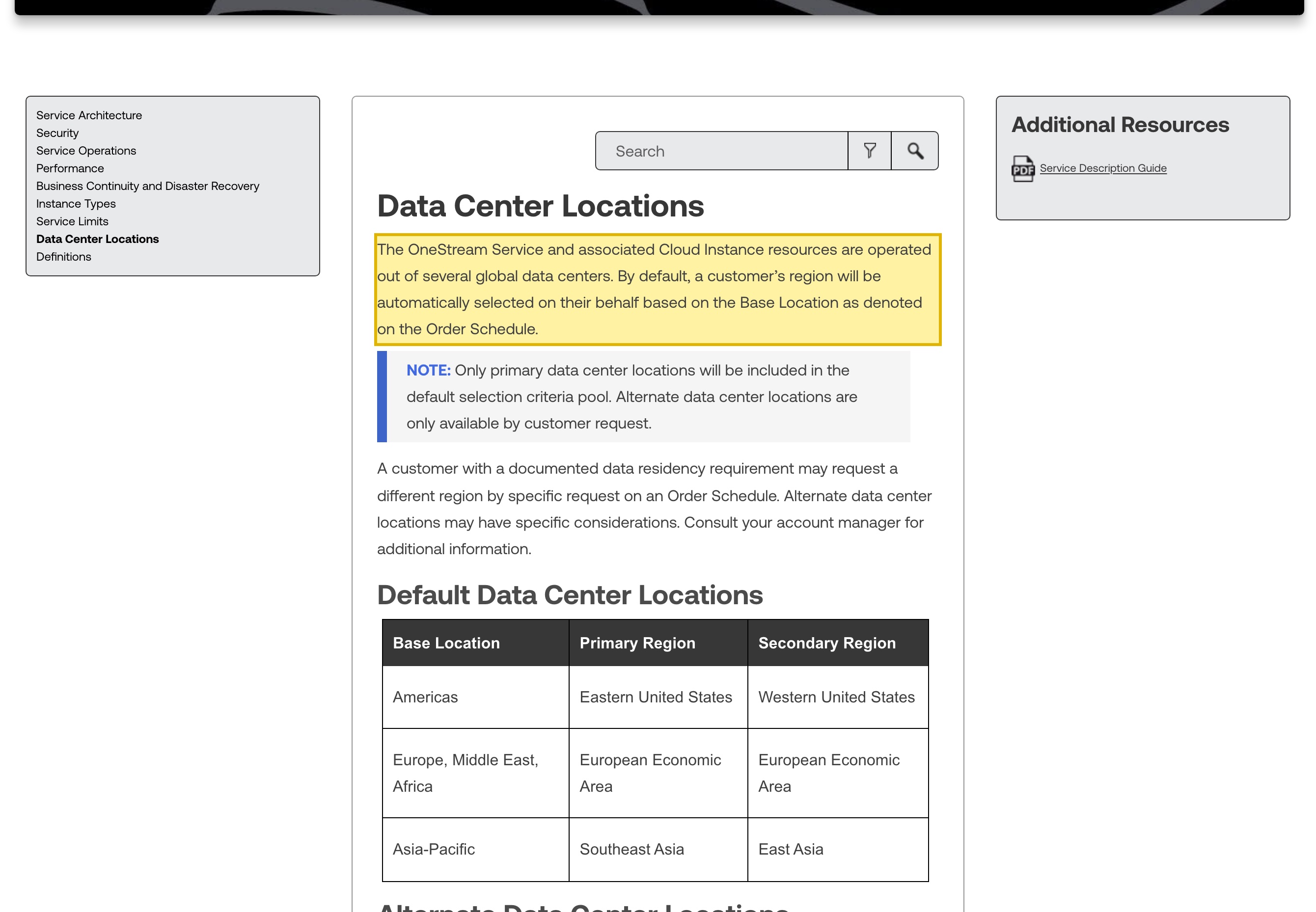 OneStream Service Description Guide, Data Center Locations section, stating the Service is operated out of several global data centers, with Default Data Center Locations tables for the Americas (Eastern and Western United States), Europe, and Asia-Pacific (Southeast Asia and East Asia) and Alternate Data Center Locations for Canada, the United Kingdom and Australia — no mainland-China region