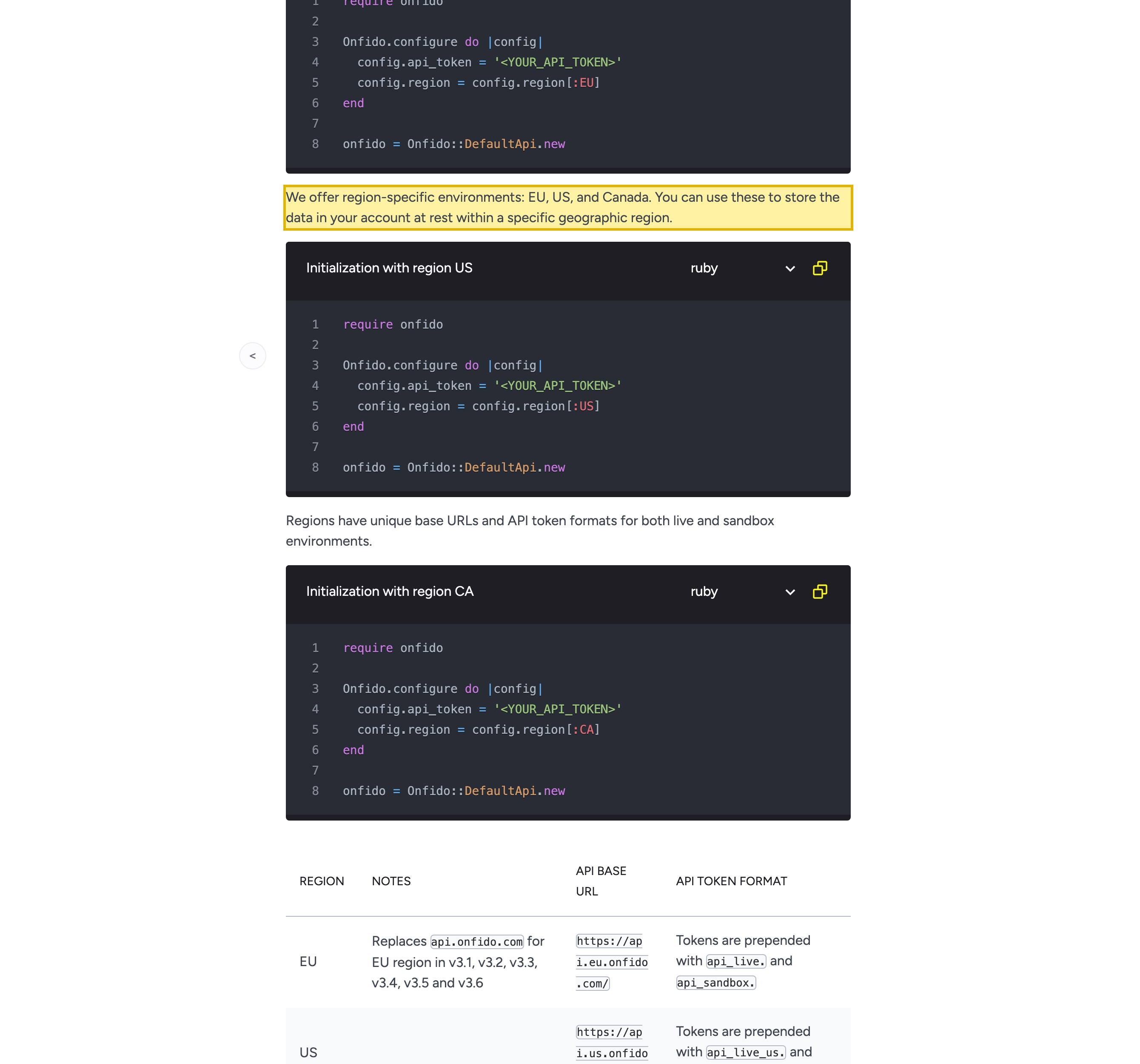 Onfido (now part of Entrust) API documentation 'Regions' section on documentation.identity.entrust.com, listing three region-specific environments — EU, US and Canada — with base URLs api.eu.onfido.com, api.us.onfido.com and api.ca.onfido.com, stating there is no default region and that for the EU region data is physically stored in the Republic of Ireland with backup storage in Germany, with no mainland-China region offered