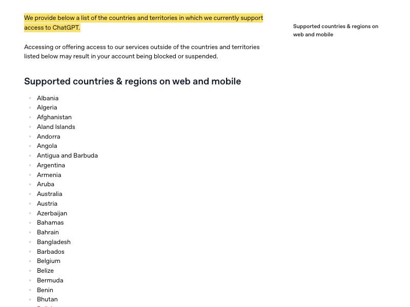 OpenAI Help Center page 'ChatGPT Supported Countries' listing the countries and territories where OpenAI supports access, with mainland China absent from the alphabetical list (it runs Chad, Chile, Colombia) while Taiwan is listed separately