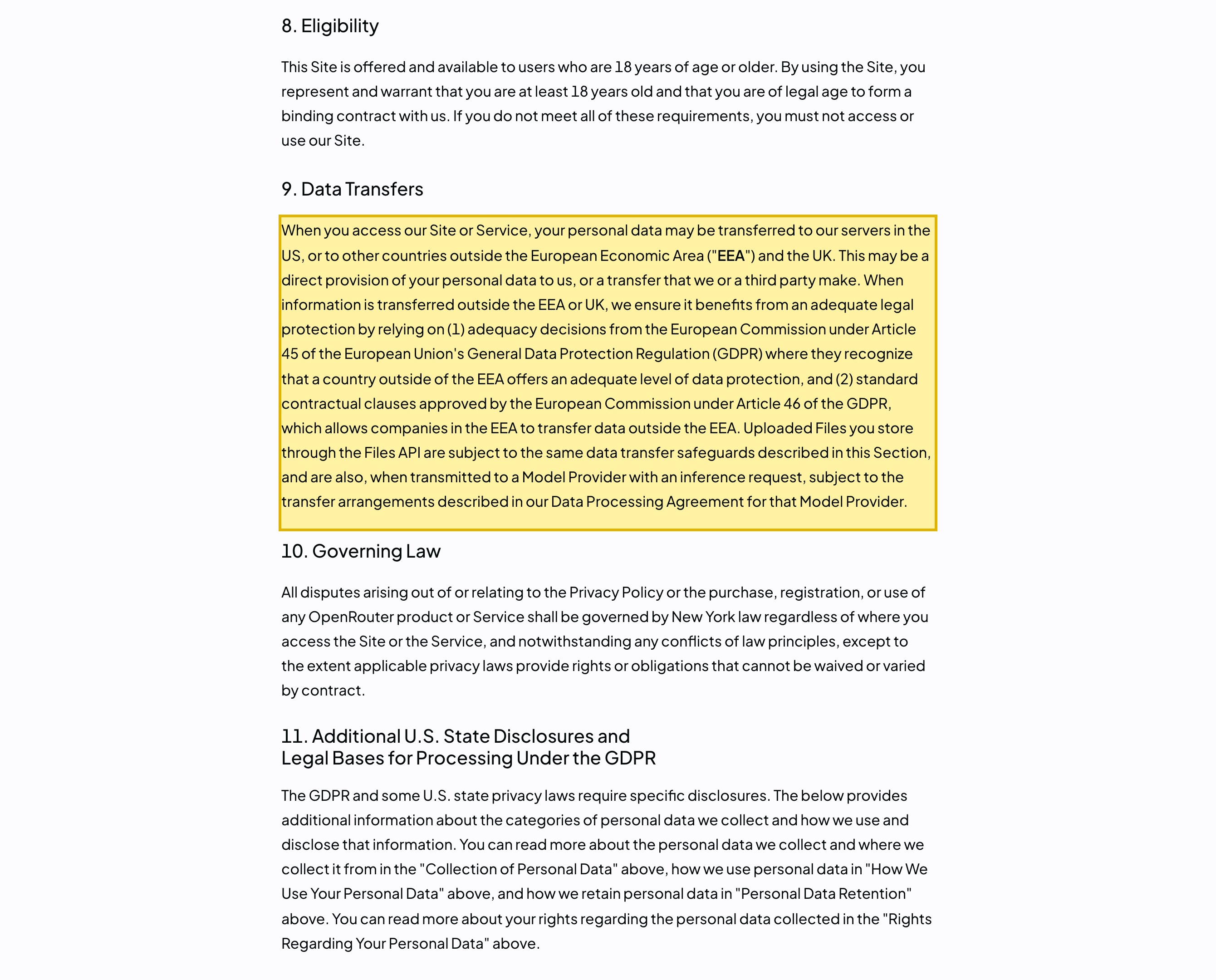OpenRouter's Privacy Policy, section 9 'Data Transfers,' stating that a user's personal data may be transferred to OpenRouter's servers in the US or to other countries outside the European Economic Area, alongside its statement that Inputs are transmitted to the Model Provider selected or chosen by automatic routing