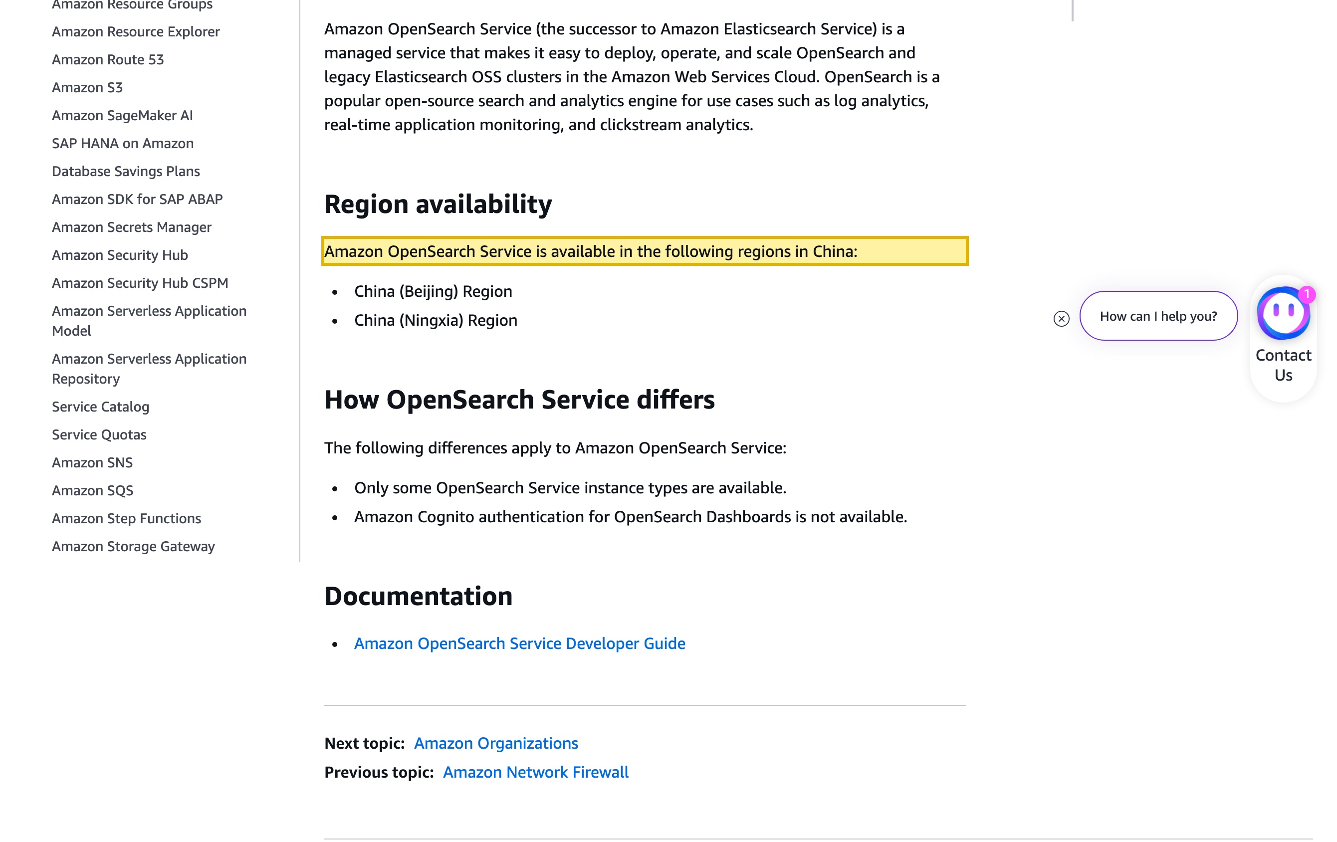 AWS China documentation page 'Amazon OpenSearch Service in Amazon Web Services China' listing the service as available in the China (Beijing) Region and the China (Ningxia) Region