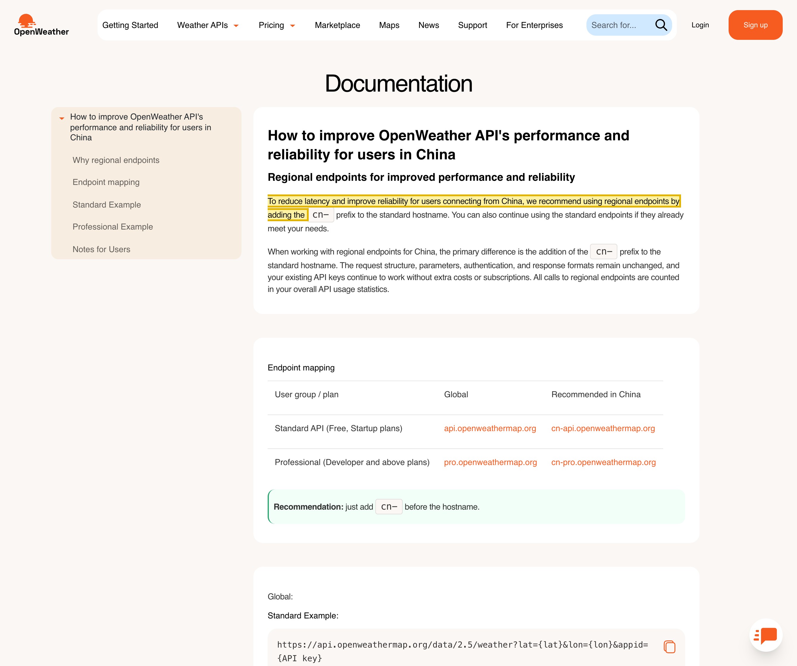 OpenWeather's China endpoints documentation page, showing that mainland users are directed to cn- prefixed hostnames to reduce latency and improve reliability, and that the request structure, parameters, authentication and response formats remain unchanged — a performance accommodation, with no mainland-China data region named