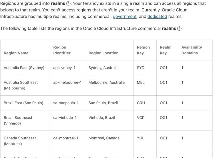 Oracle Cloud Infrastructure Regions and Availability Domains documentation, commercial realm region table listing Japan East (Tokyo), Japan Central (Osaka), Singapore, South Korea Central (Seoul) and South Korea North (Chuncheon) as the nearest Asia-Pacific regions — with no mainland-China region