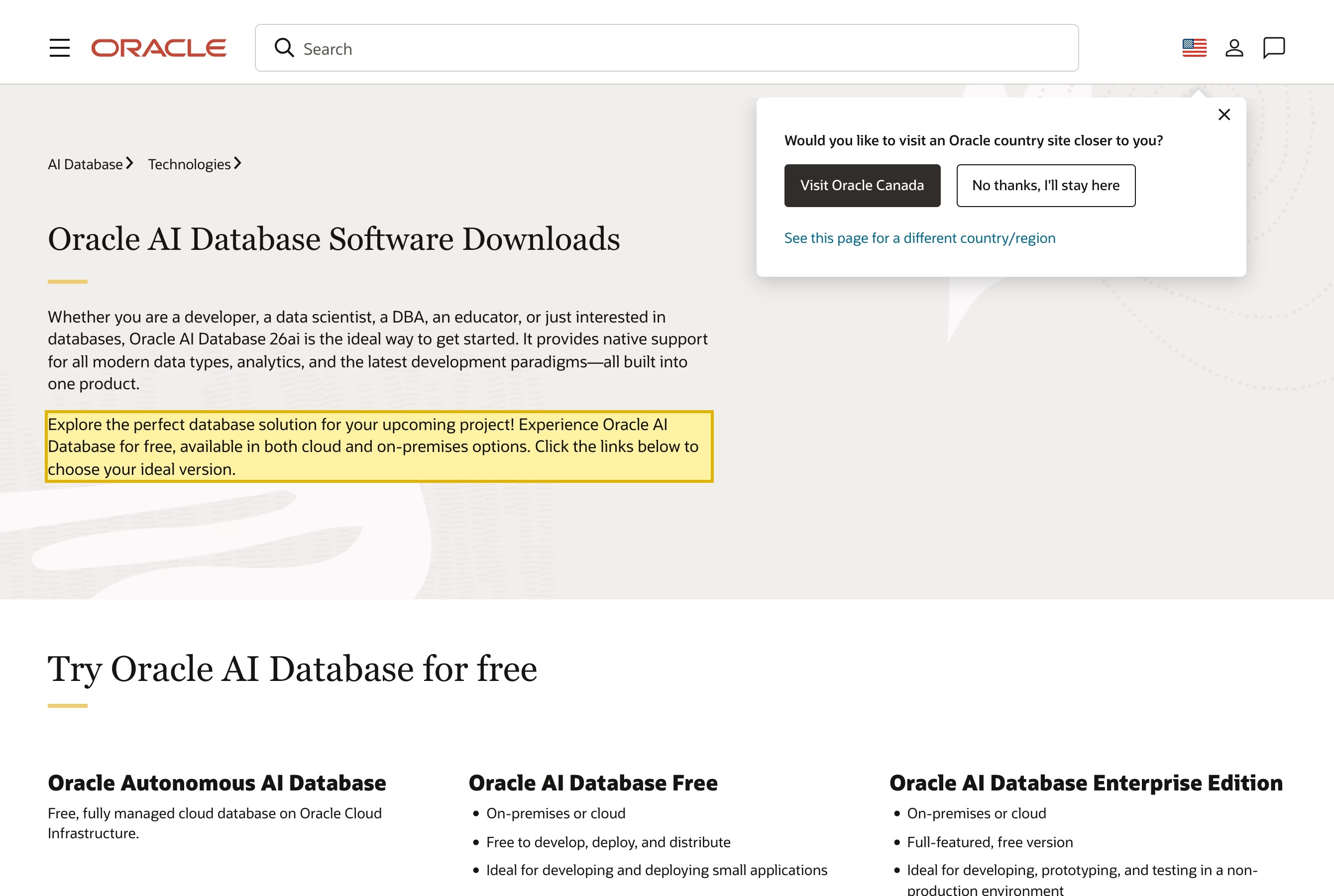 Oracle's own Database Software Downloads page, showing Oracle Database offered in both cloud and on-premises options, its Enterprise Edition labelled On-premises or cloud, and ZIP installers for Linux and Windows you run on your own infrastructure