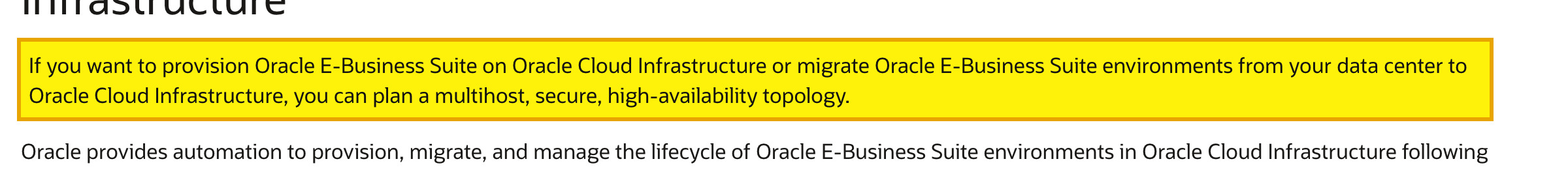 Oracle Architecture Center page, Learn About Deploying Oracle E-Business Suite on Oracle Cloud Infrastructure, stating that you can provision Oracle E-Business Suite on Oracle Cloud Infrastructure or migrate Oracle E-Business Suite environments from your data center to Oracle Cloud Infrastructure