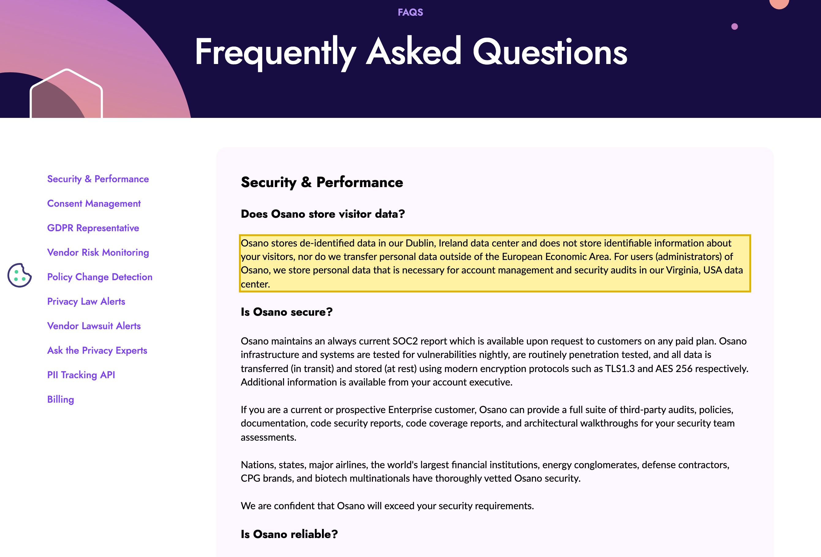 Osano's own FAQ, 'Does Osano store visitor data?', stating that Osano stores de-identified data in its Dublin, Ireland data center and keeps administrator data in its Virginia, USA data center — naming no mainland-China region