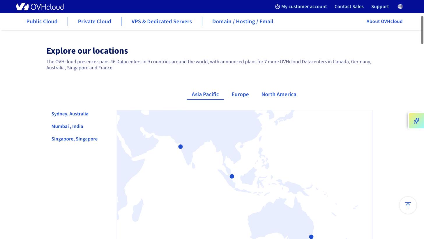 OVHcloud datacenter locations page listing data centers across Europe, North America and Asia-Pacific — with Singapore, Sydney and Mumbai in Asia-Pacific and no data center in mainland China