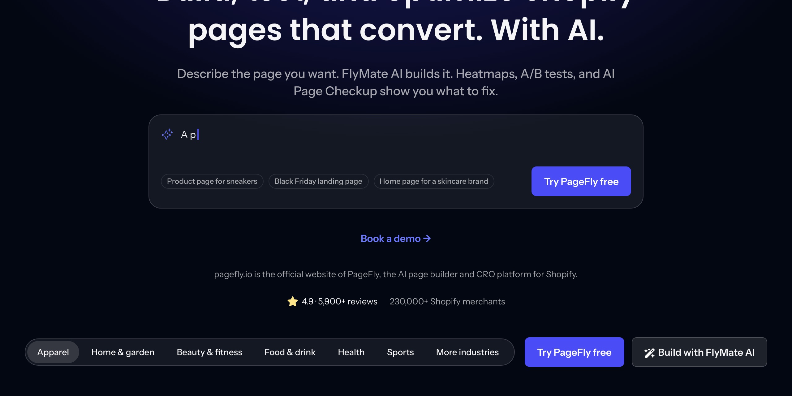PageFly homepage section headed 'Every page your store needs', listing product, home, collection, about and launch pages and stating they are 'Built in PageFly, published to your theme'
