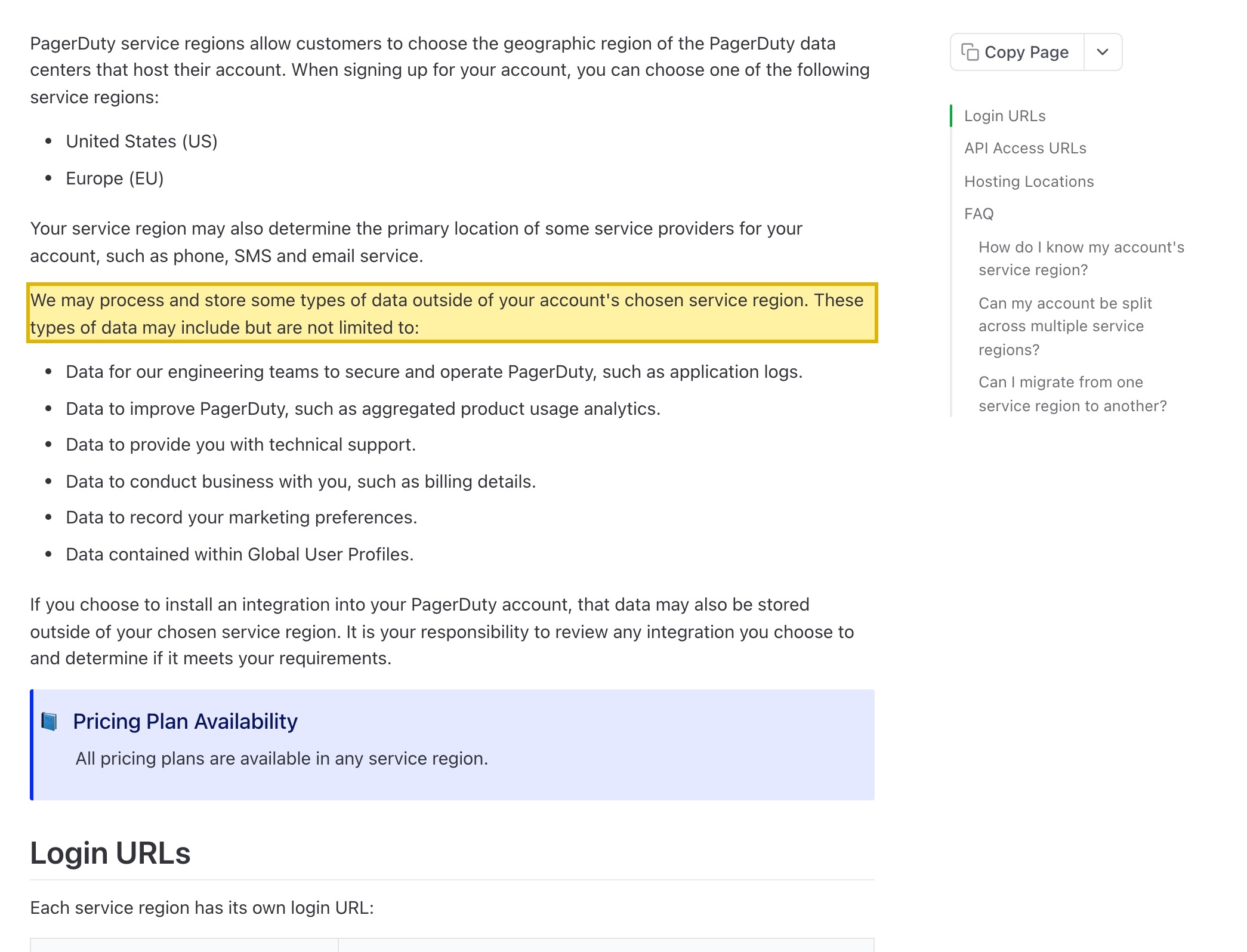 PagerDuty's Service Regions documentation listing its US and EU data centers on AWS, with no mainland-China region, and stating that some data may be processed and stored outside the chosen service region