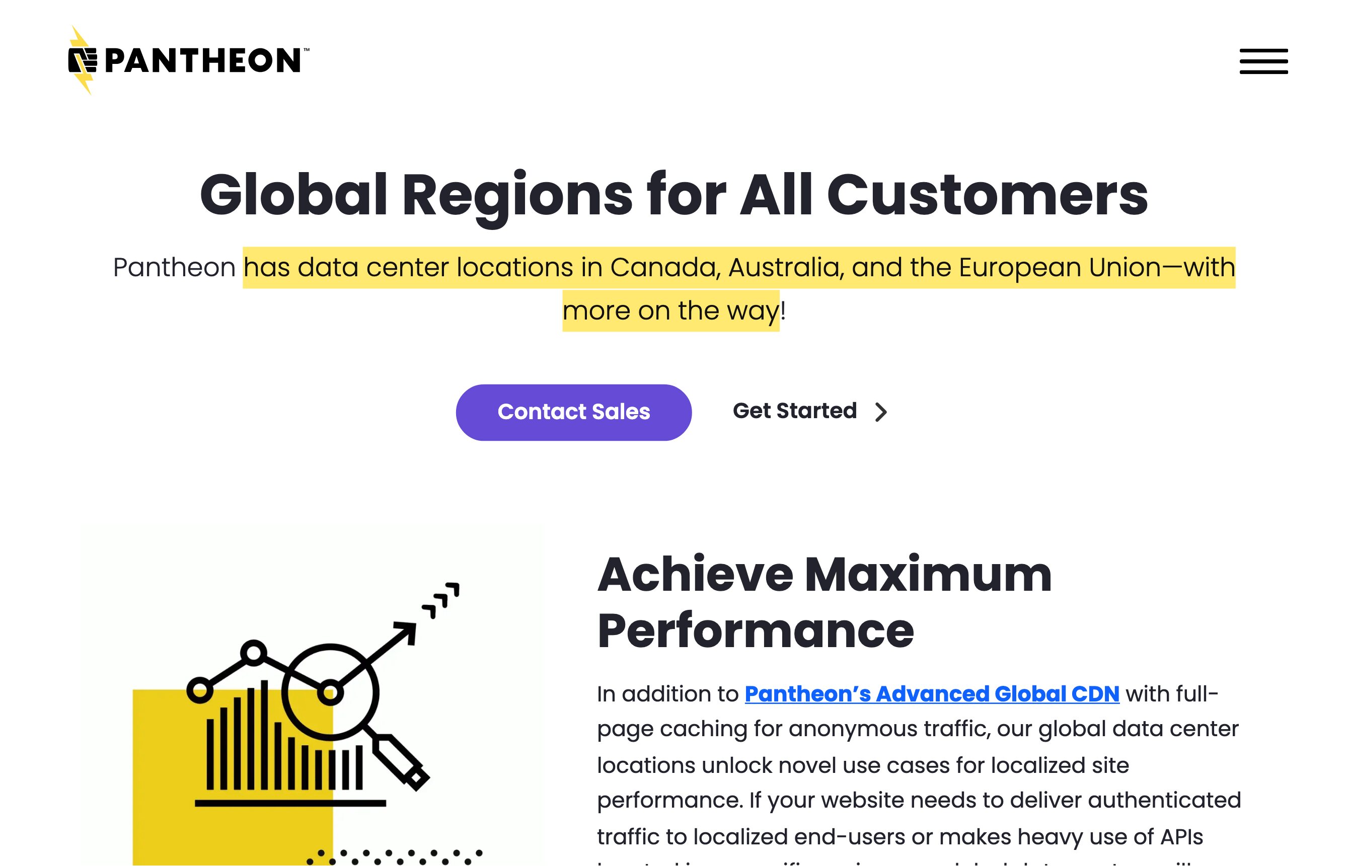 PantheonのGlobal Regionsページ。カナダ・オーストラリア・欧州連合のデータセンター所在地を挙げ、中国本土のリージョンはない