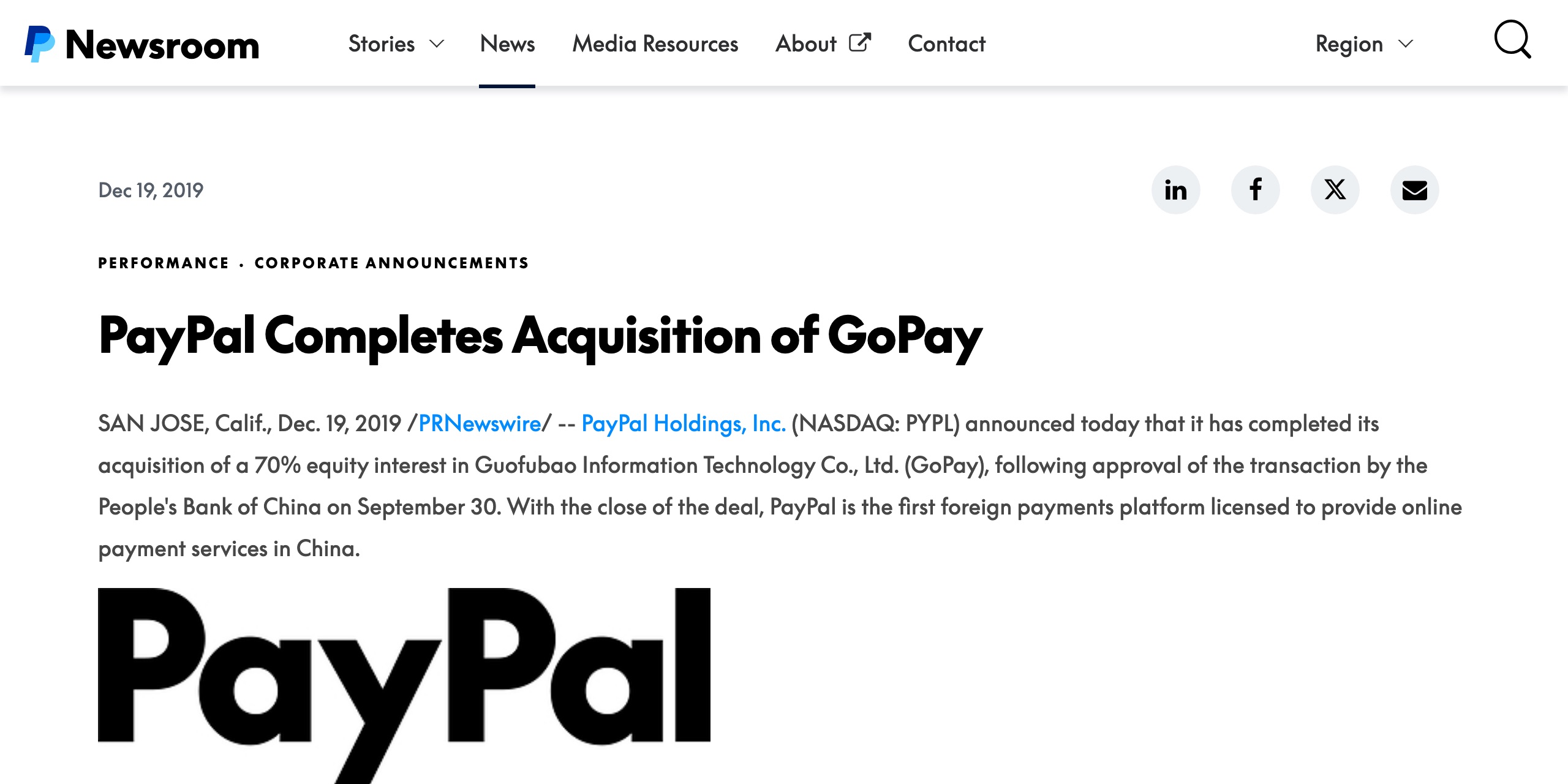 PayPal Newsroom press release dated Dec 19, 2019, headlined 'PayPal Completes Acquisition of GoPay,' with the opening paragraph stating that PayPal completed its acquisition of a 70% equity interest in Guofubao Information Technology Co., Ltd. (GoPay) following People's Bank of China approval, and that PayPal is the first foreign payments platform licensed to provide online payment services in China