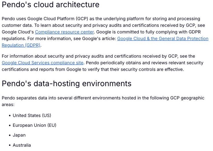 Pendo's Global Data Hosting documentation listing its GCP environments in the United States, the European Union, Japan and Australia, with no mainland-China region
