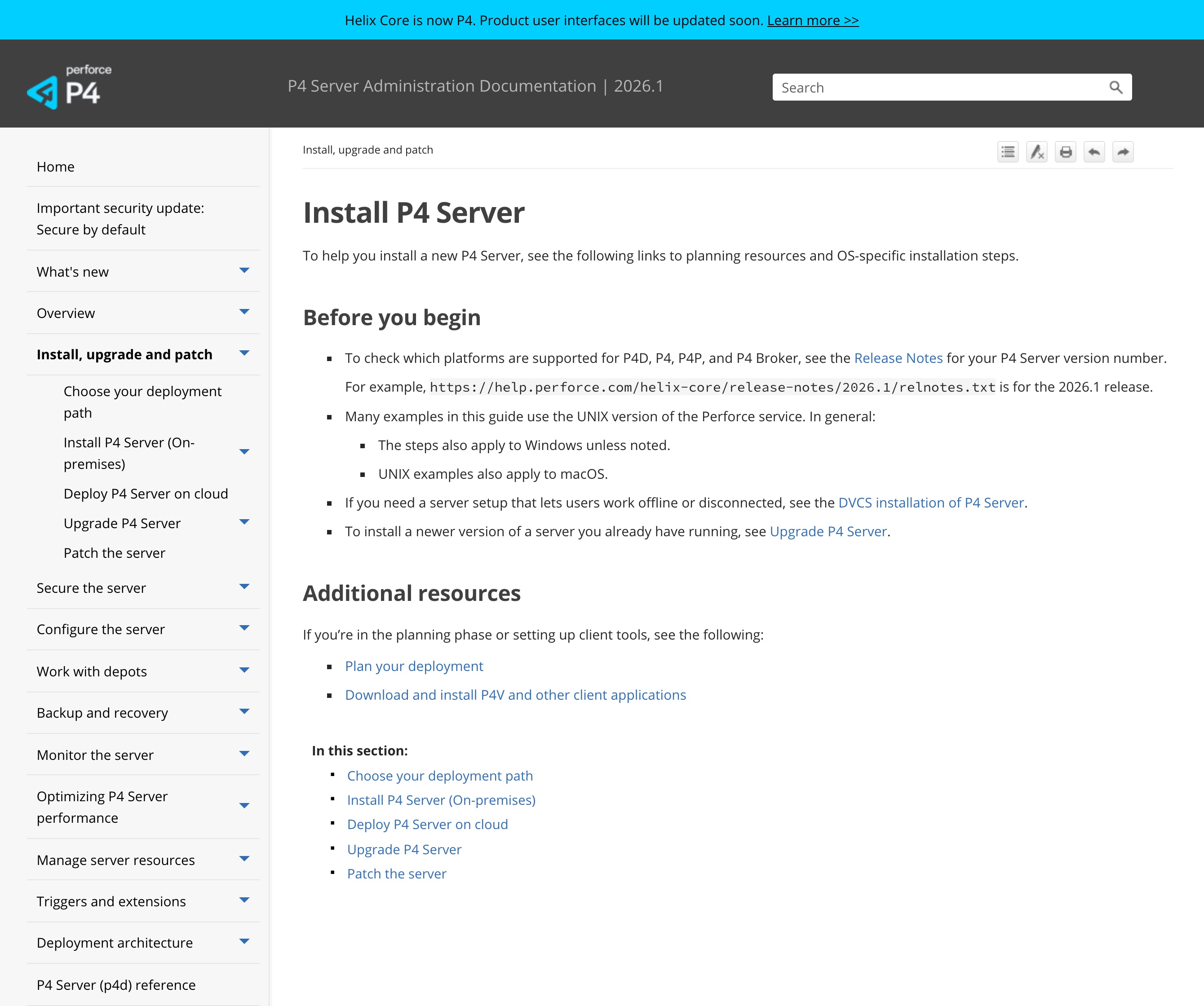 Perforce's P4 Server (Helix Core) Administration documentation, version 2026.1, on the 'Install P4 Server' page — listing OS-specific installation steps and the deployment paths 'Install P4 Server (On-premises)' and 'Deploy P4 Server on cloud', with the banner noting Helix Core is now P4.