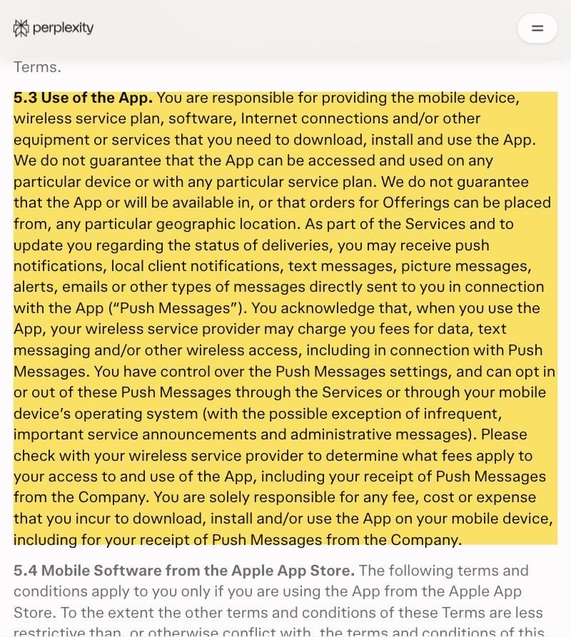 Perplexity's own Terms of Service page at perplexity.ai, showing 'Last updated: January 23rd, 2026' and Section 5.3 'Use of the App', with the sentence stating that Perplexity does not guarantee the App will be available in any particular geographic location