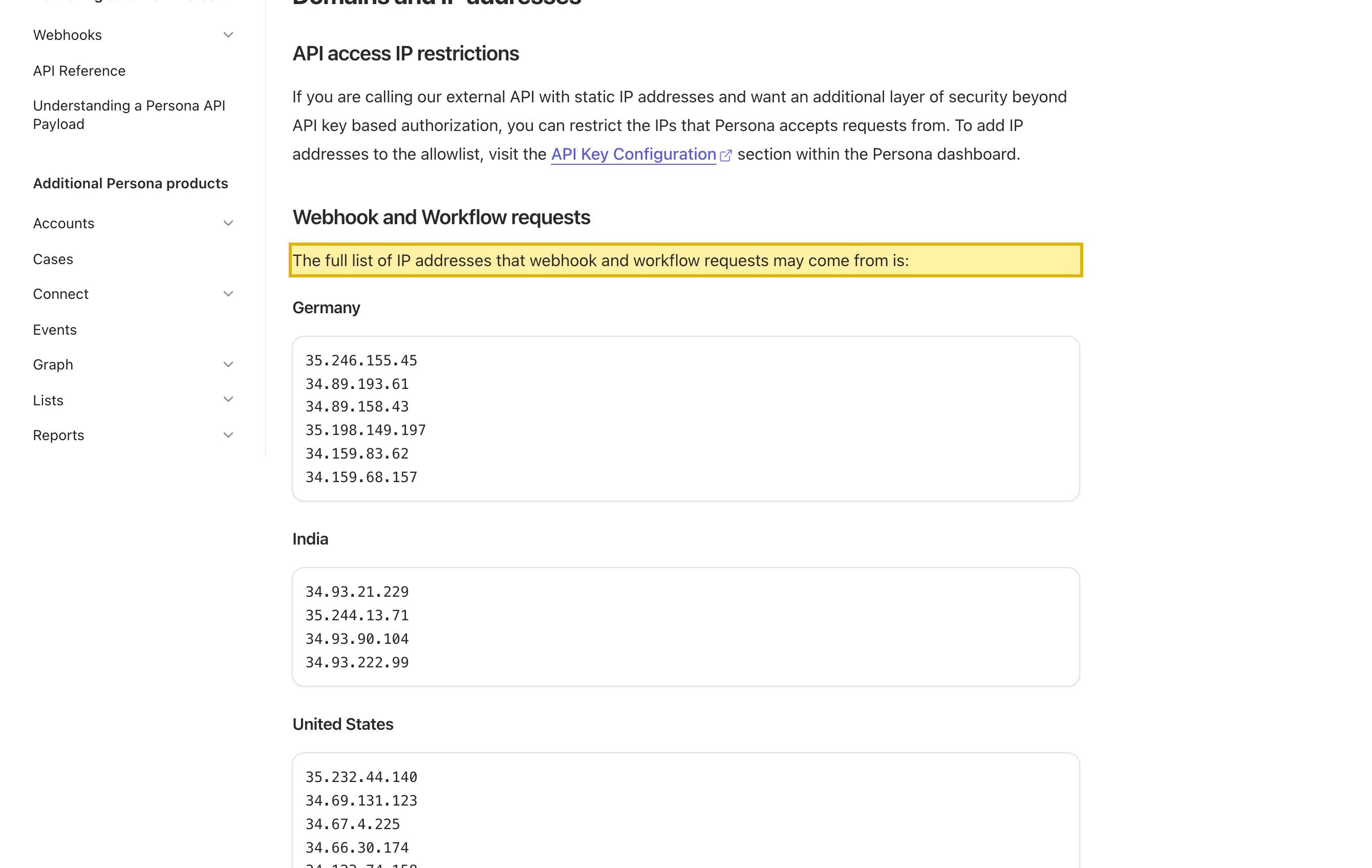Persona's own Security documentation on docs.withpersona.com, listing the IP addresses that webhook and workflow requests may come from under the country headings Germany, India and United States, and an email sender-domain table with Non-EU rows (frompersona.com, withpersona.com) and European Union rows (eu.frompersona.com, eu.withpersona.com) — with no mainland-China region named anywhere