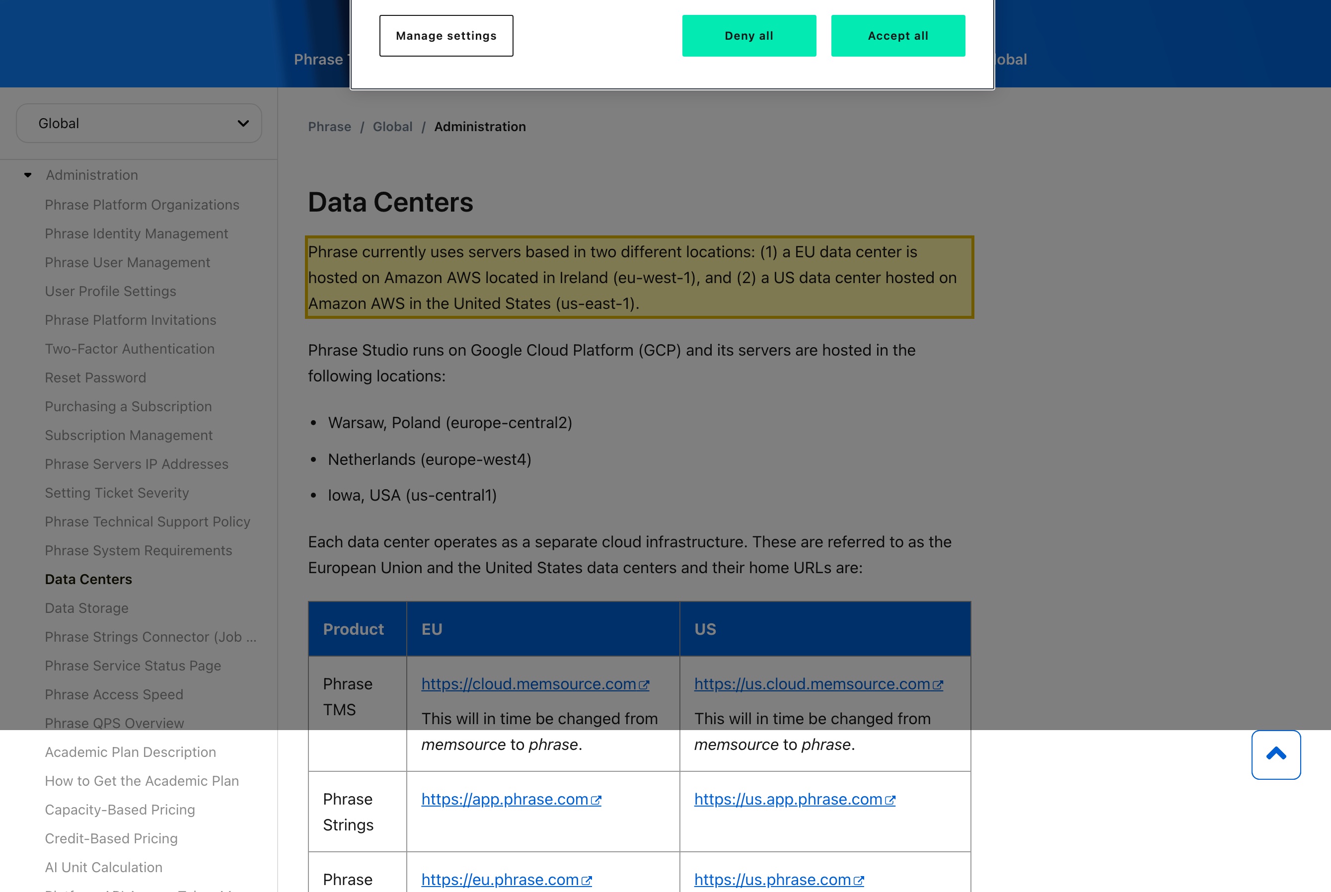 Phrase's own Data Centers help-center article listing only EU (AWS Ireland, eu-west-1) and US (AWS United States, us-east-1) data centers, with no mainland-China region