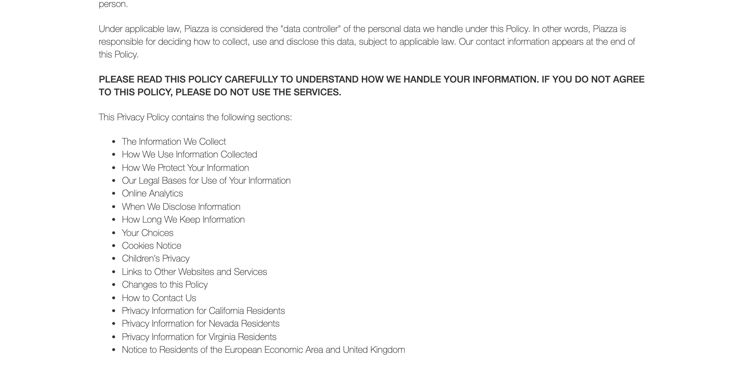 Piazza privacy policy page stating that its Services are operated in the United States and that personal data from users located outside the United States may be transferred to and accessed within the United States