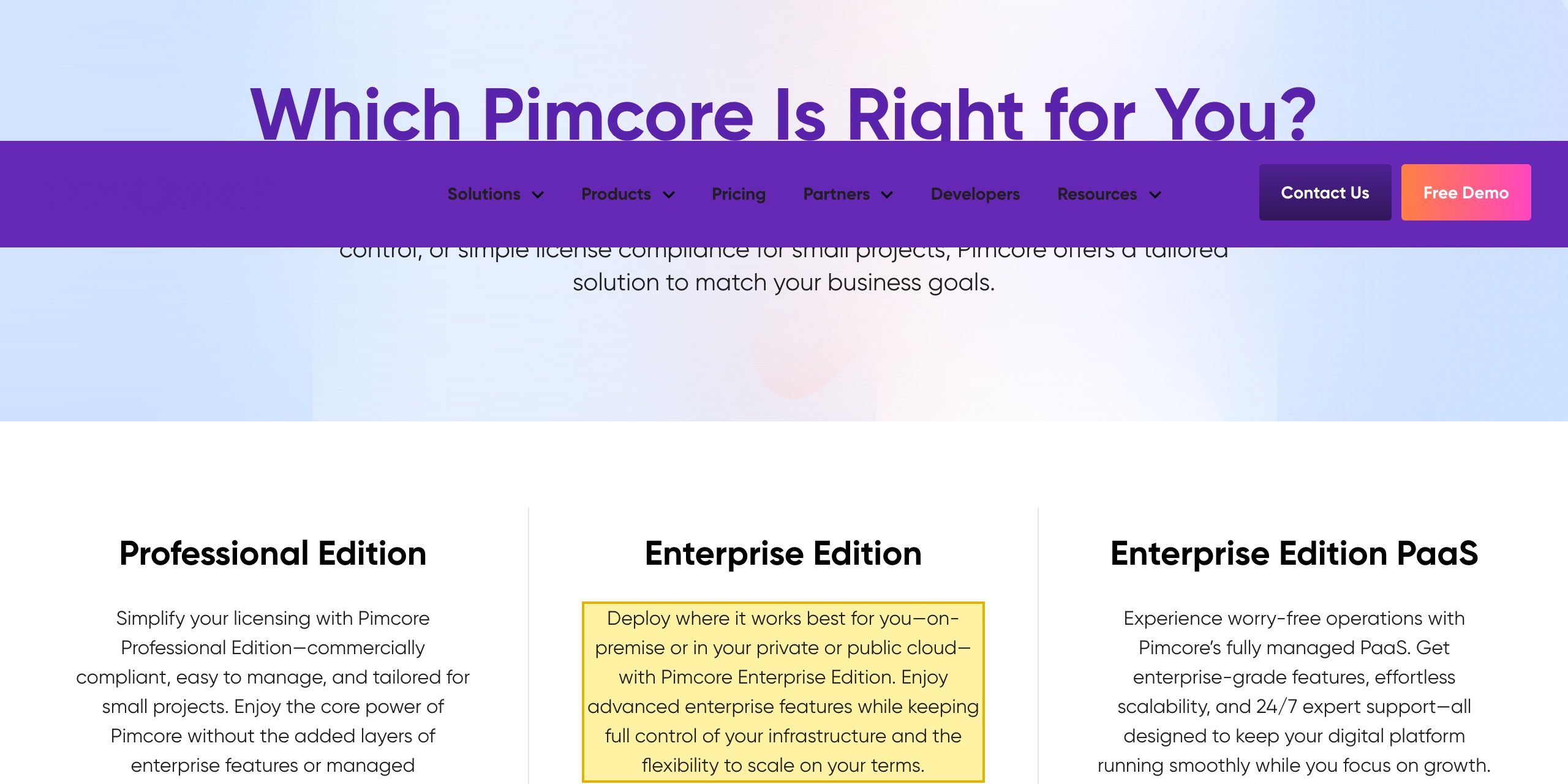 Pimcore のエディション概要ページ。Enterprise Edition はオンプレミス、またはプライベート／パブリッククラウドにデプロイすると説明し、それ自身の中国本土のホスティングは持たない