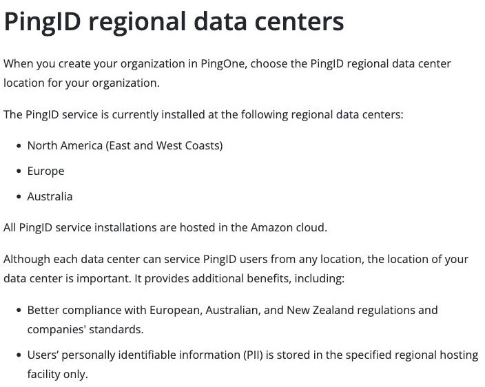 Ping Identity's PingID Administration Guide 'PingID regional data centers' page on docs.pingidentity.com, listing the regional data centers as North America (East and West Coasts), Europe and Australia — all hosted in the Amazon cloud, with no mainland-China region — and stating that users' personally identifiable information is stored in the specified regional hosting facility only