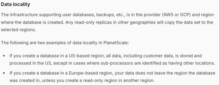 PlanetScale security documentation stating that the infrastructure supporting user databases and backups is in the AWS or GCP region where the database is created, with no mainland-China region offered