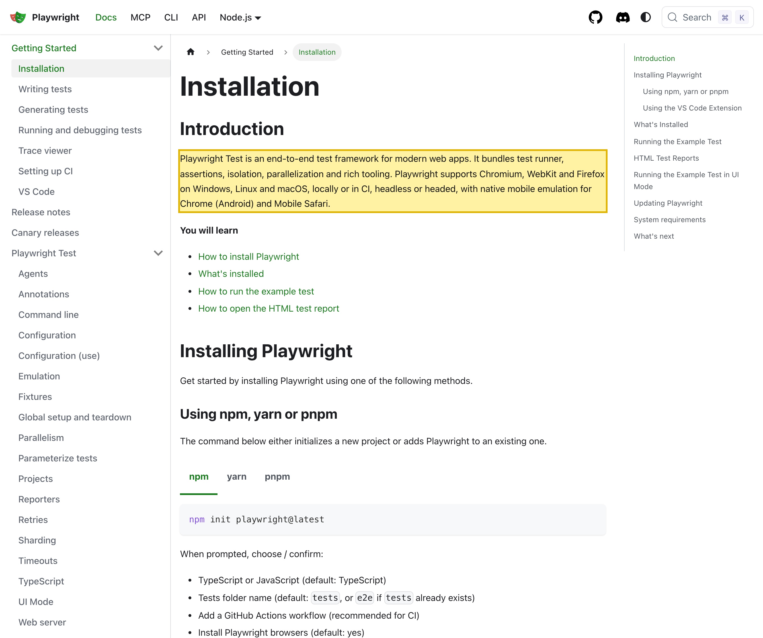 Playwright's official documentation defining Playwright Test as an end-to-end test framework for modern web apps that bundles a test runner, assertions, isolation, parallelization and rich tooling — confirming Playwright is open-source software you install and run yourself, not a hosted service
