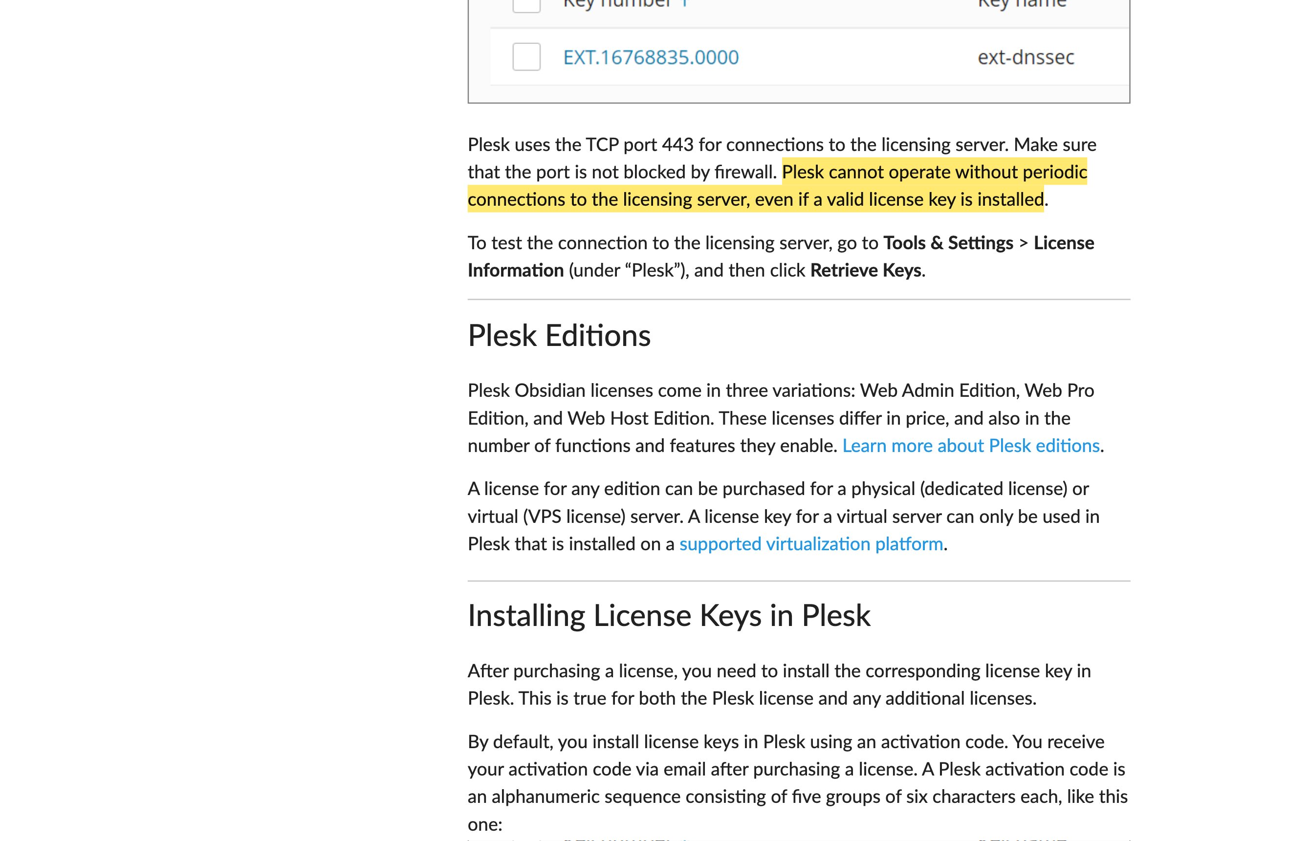 Plesk ObsidianのAdministrator Guideの「Plesk Licensing」のページ。有効なライセンスキーがインストールされていても、ライセンスサーバーへの定期的な接続なしにPleskは動作できないと記載されている