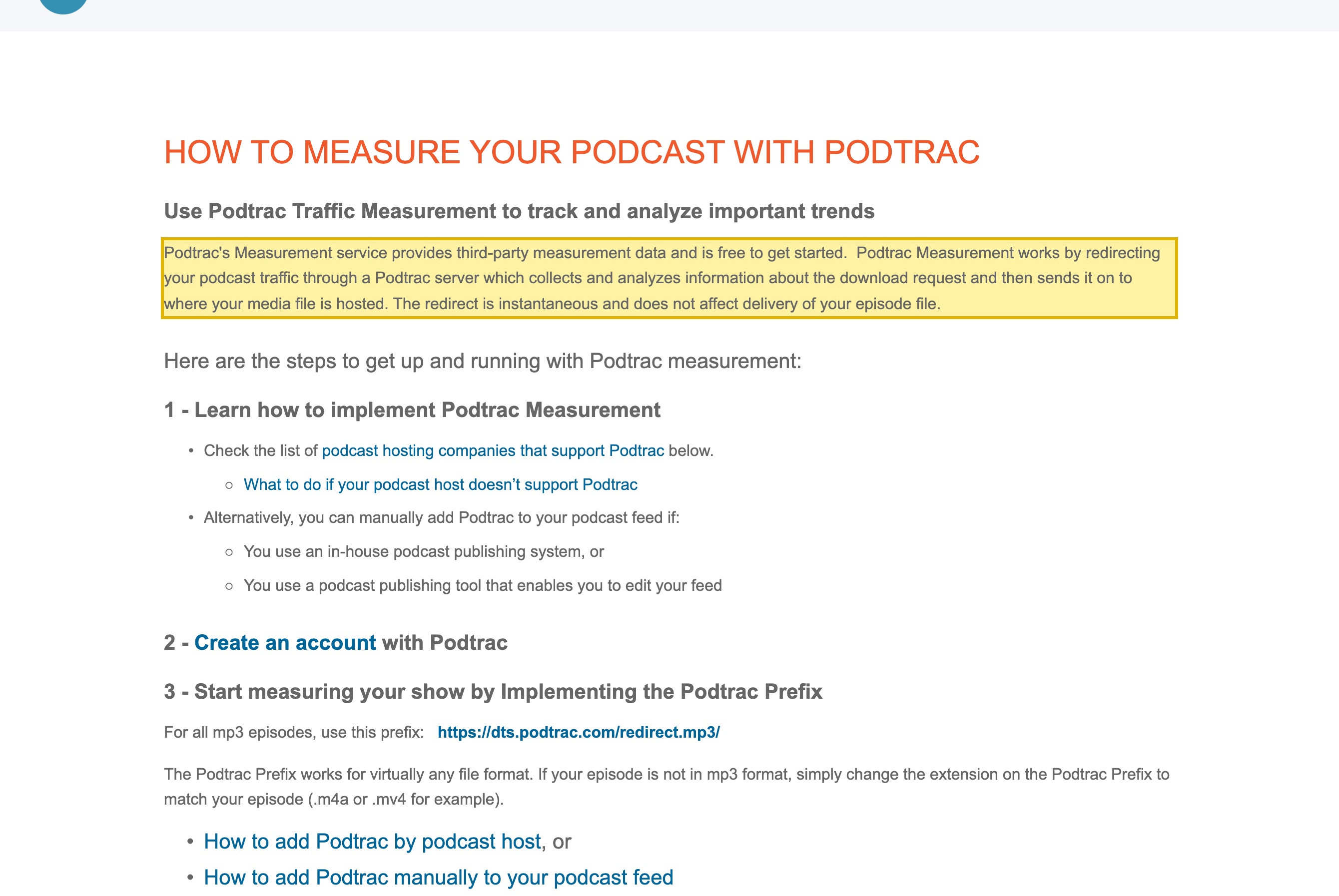 Podtrac's 'How to Measure your Podcast with Podtrac' page, stating that Podtrac Measurement works by redirecting podcast traffic through a Podtrac server that collects and analyzes information about the download request before sending it on to the media host, and showing the mp3 prefix https://dts.podtrac.com/redirect.mp3/