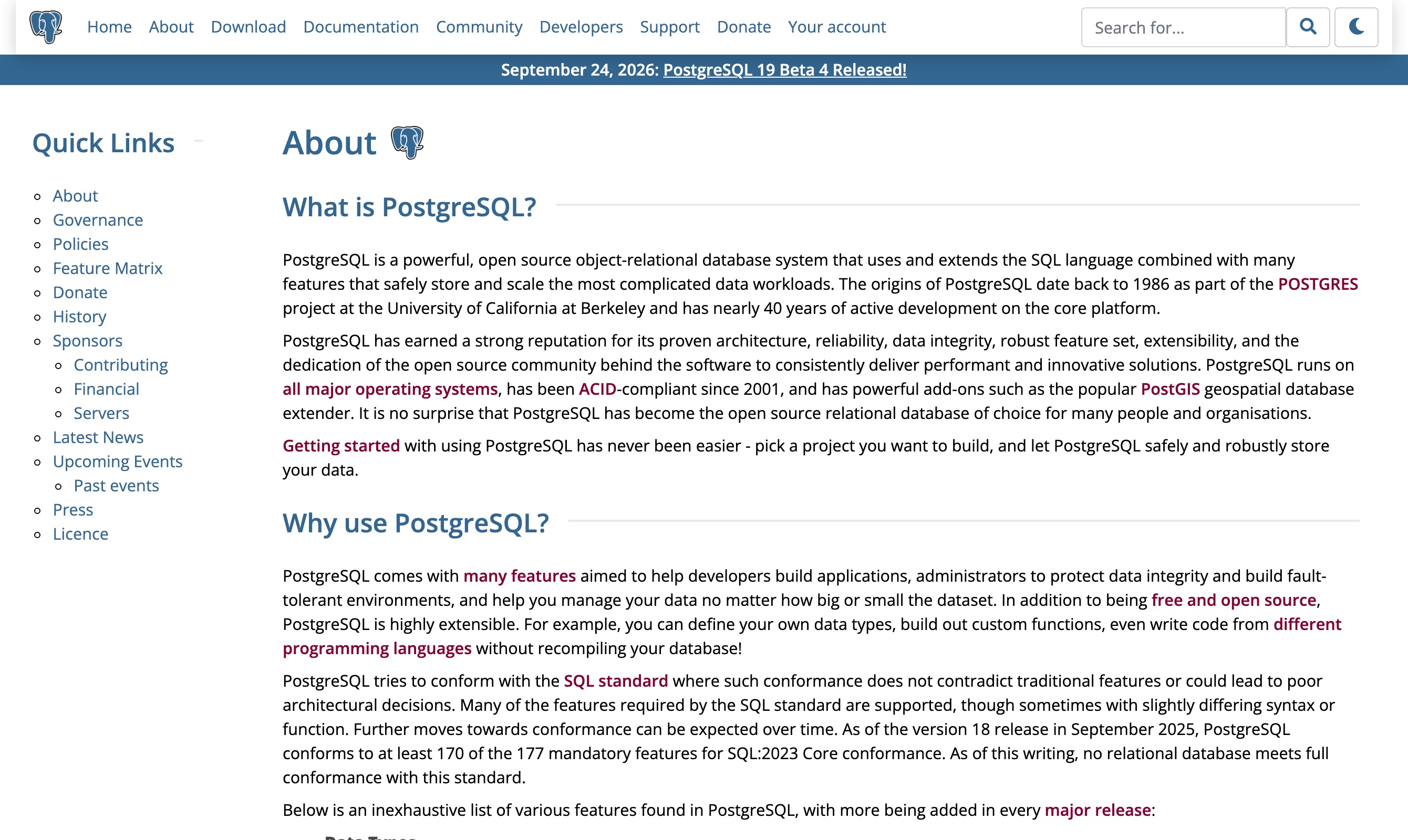 The PostgreSQL project's own About page describing PostgreSQL as free, open-source software that runs on all major operating systems, maintained by the community-run PostgreSQL Global Development Group