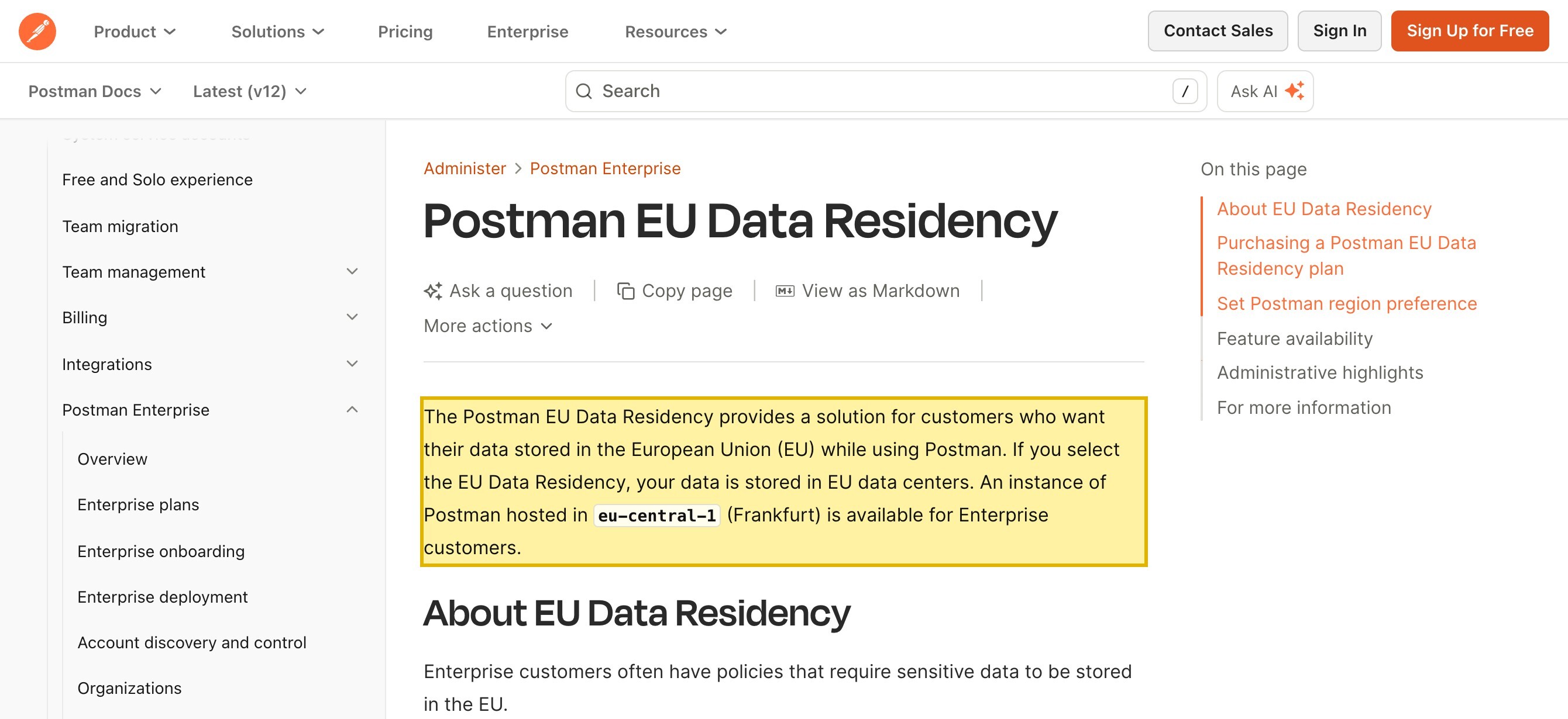 Postman EU Data Residency documentation stating data is stored in EU data centers and that an instance of Postman is hosted in eu-central-1 (Frankfurt), with the default platform and Echo service in the US region and no mainland-China region listed