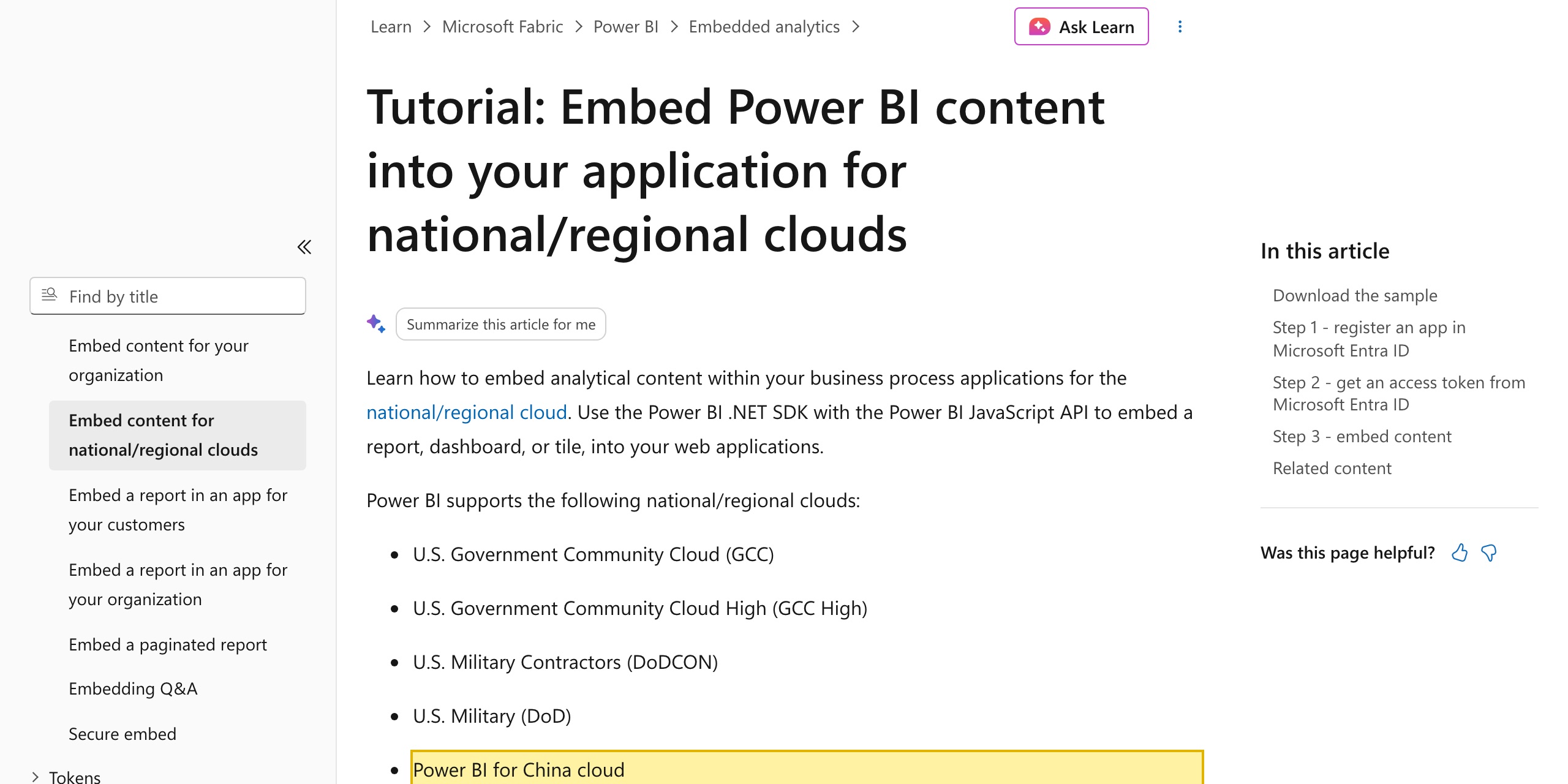 Microsoft Learn article 'Embed content in your Power BI embedded analytics application for government and national/regional clouds' listing 'Power BI for China cloud' among the supported national/regional clouds, with a configuration block showing the China-specific endpoints login.chinacloudapi.cn and api.powerbi.cn, separate from the global app.powerbi.com service