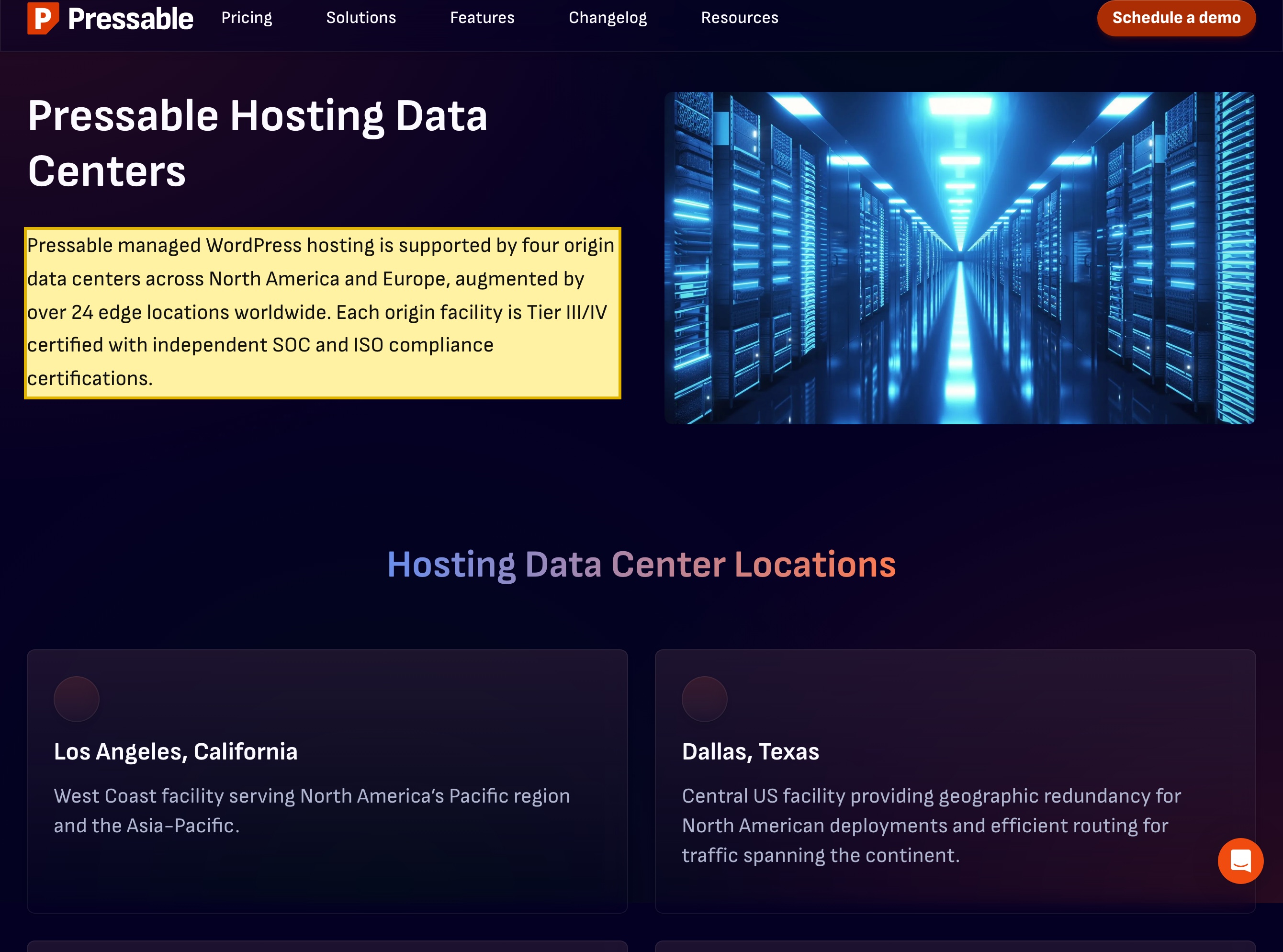 Pressable Hosting Data Centers page stating its managed WordPress hosting is supported by four origin data centers across North America and Europe — Los Angeles, Dallas, Ashburn and Amsterdam — augmented by over 24 edge locations worldwide, with no mainland-China location