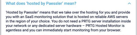 Paessler PRTG Hosted MonitorのFAQページ。Hosted Monitorは選んだリージョンのAWSサーバーでホストされ、利用可能なリージョンから所在地に最も近いものを自動的に選ぶと記載され、中国本土のリージョンはない