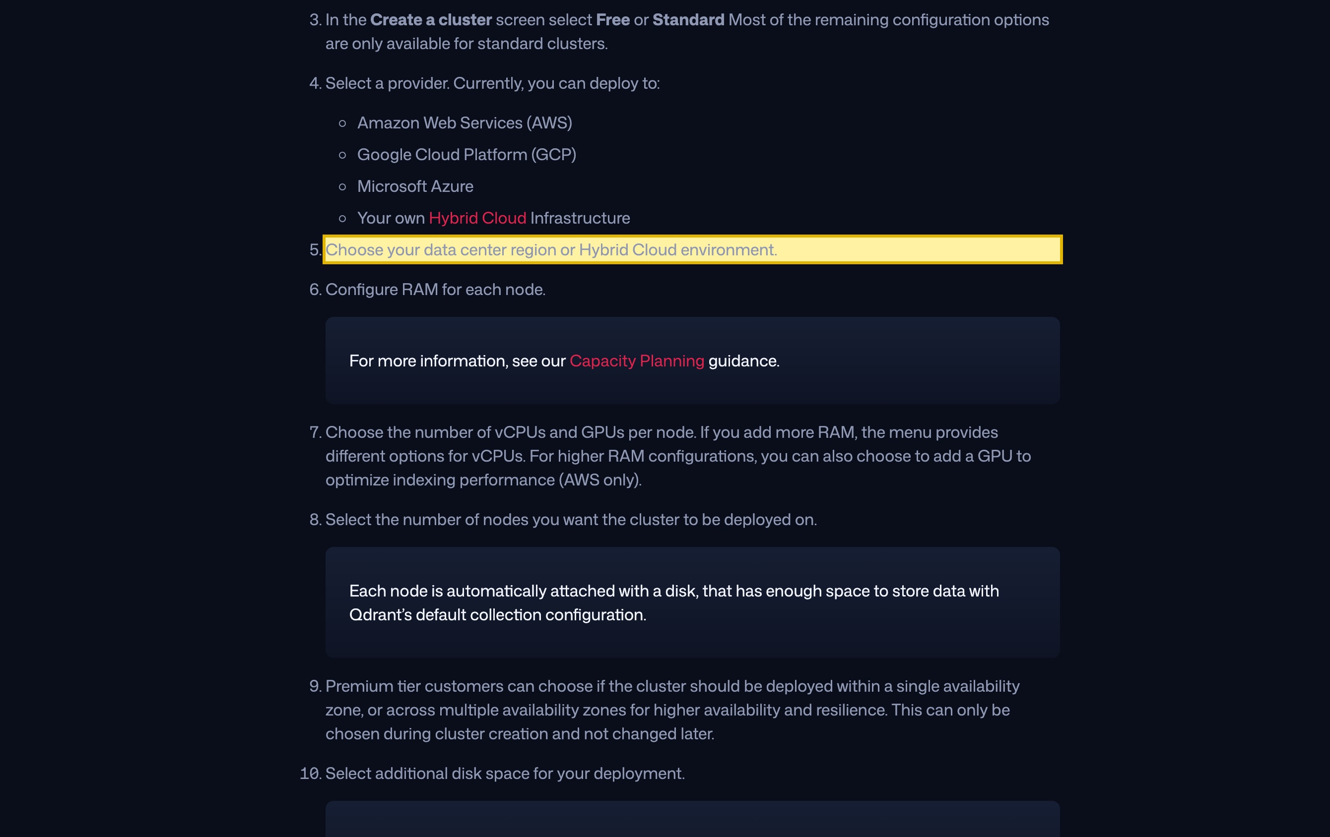 Qdrant Cloud cluster-creation documentation showing the deploy targets — Amazon Web Services, Google Cloud Platform, Microsoft Azure, and 'Your own Hybrid Cloud Infrastructure' — with no mainland-China region among the managed options