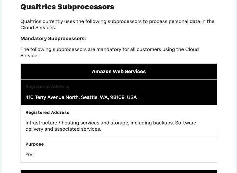 Qualtrics Subprocessors page listing Amazon Web Services at a Seattle, WA, USA address for infrastructure, hosting and storage, alongside other US- and EU-based subprocessors, with no mainland-China entry