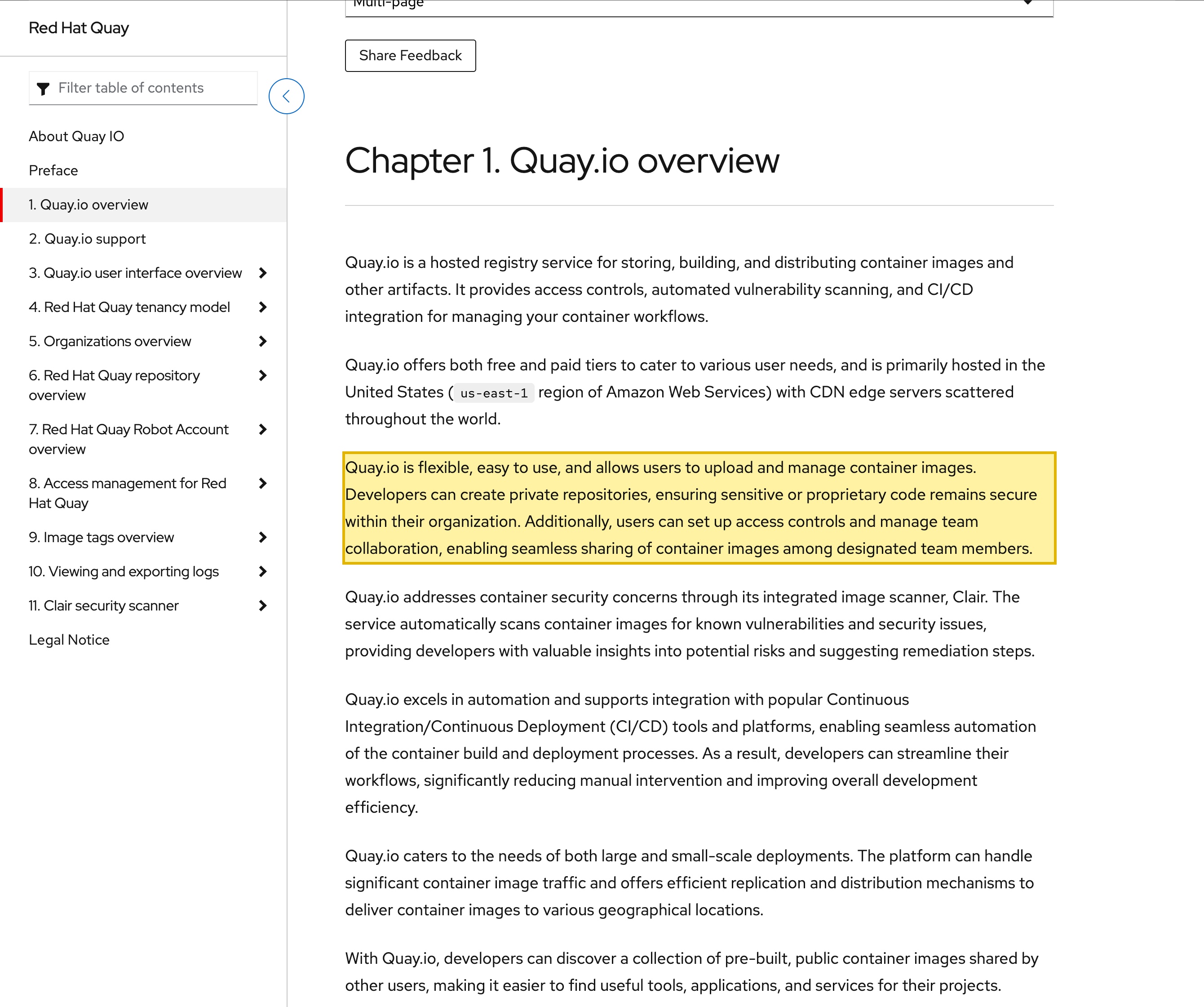 Red Hat's official About Quay.io documentation stating that Quay.io is a hosted registry service and that developers can create private repositories to keep sensitive or proprietary code secure within their organization — confirming private container images are hosted on Red Hat's offshore registry