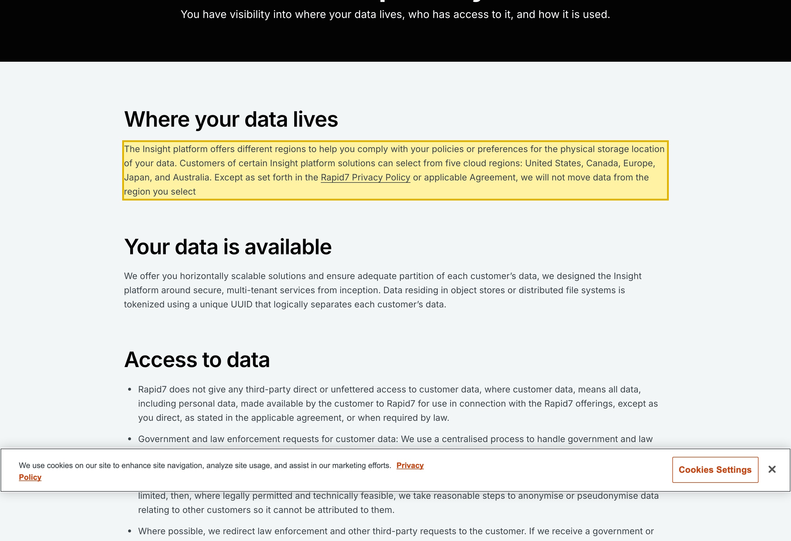 Rapid7's own trust center stating that customers of certain Insight platform solutions can select from five cloud regions — United States, Canada, Europe, Japan, and Australia — with no mainland-China region