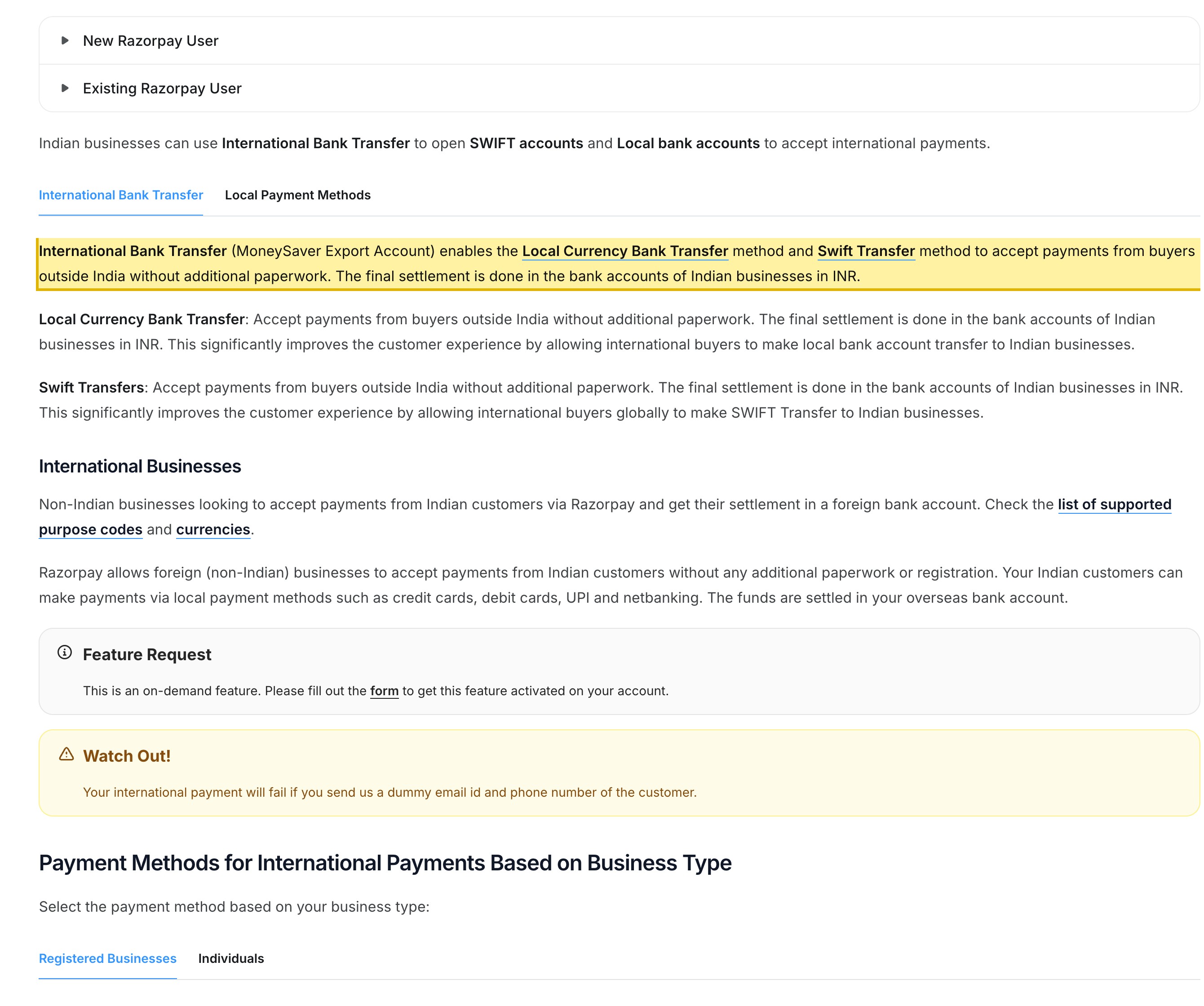 Razorpay's About International Payments documentation on razorpay.com, showing the product available in India, Malaysia, Singapore and the United States and stating that the final settlement is done in the bank accounts of Indian businesses in INR, with mainland China absent from the markets served