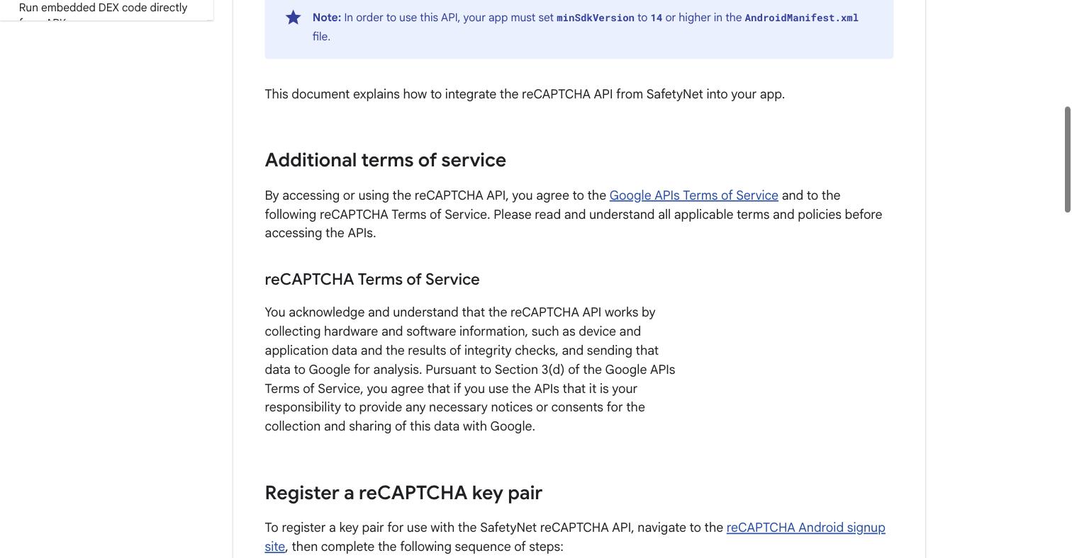 Google's reCAPTCHA documentation stating that the API collects hardware and software information and sends that data to Google for analysis, and that providing any necessary notices or consents is the site owner's responsibility