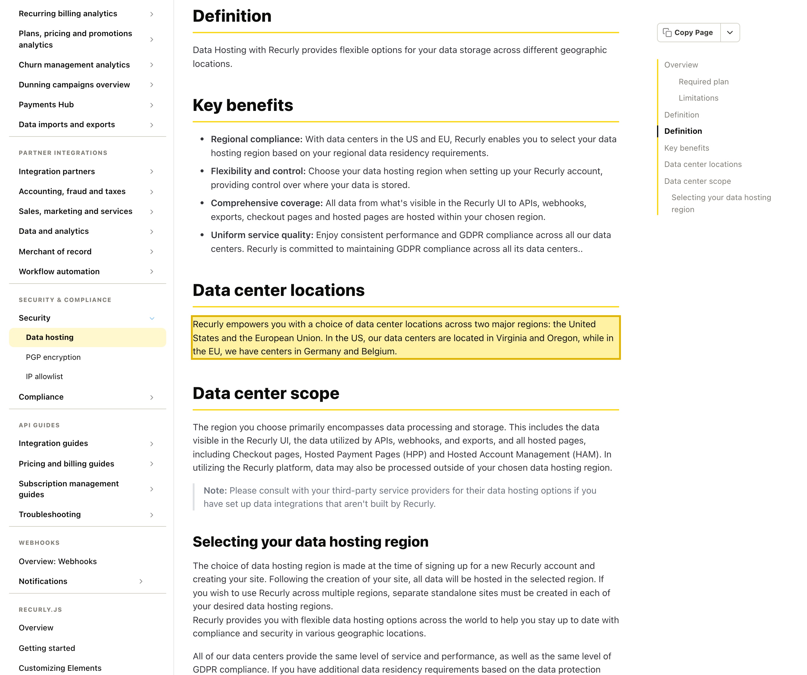 Recurly's own data-hosting documentation listing its two data center regions — the United States (Virginia and Oregon) and the European Union (Germany and Belgium) — with no mainland-China region.