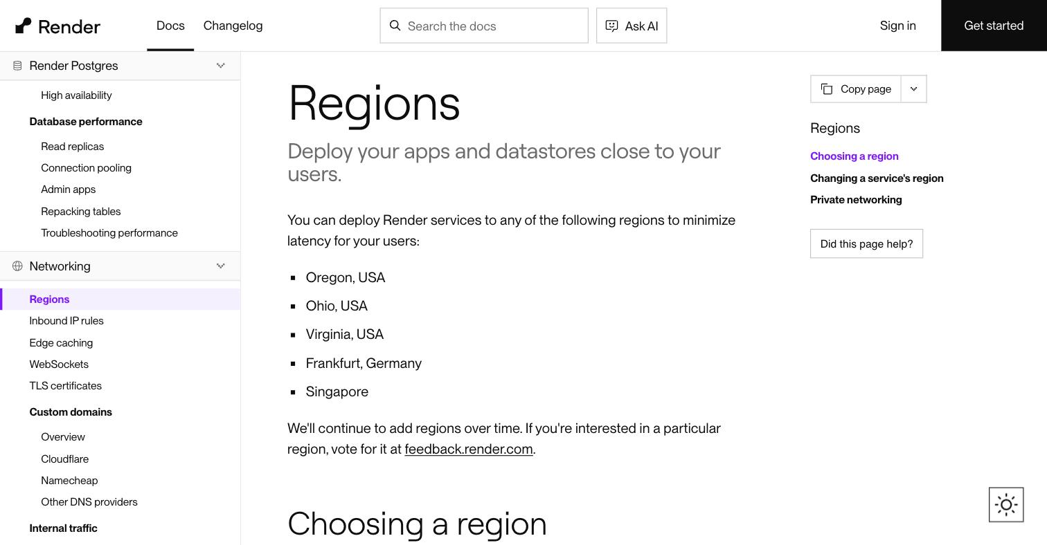 Render Docs の Regions ページ。米国のオレゴン、オハイオ、バージニア、ドイツのフランクフルト、シンガポールを挙げ、中国本土リージョンはない