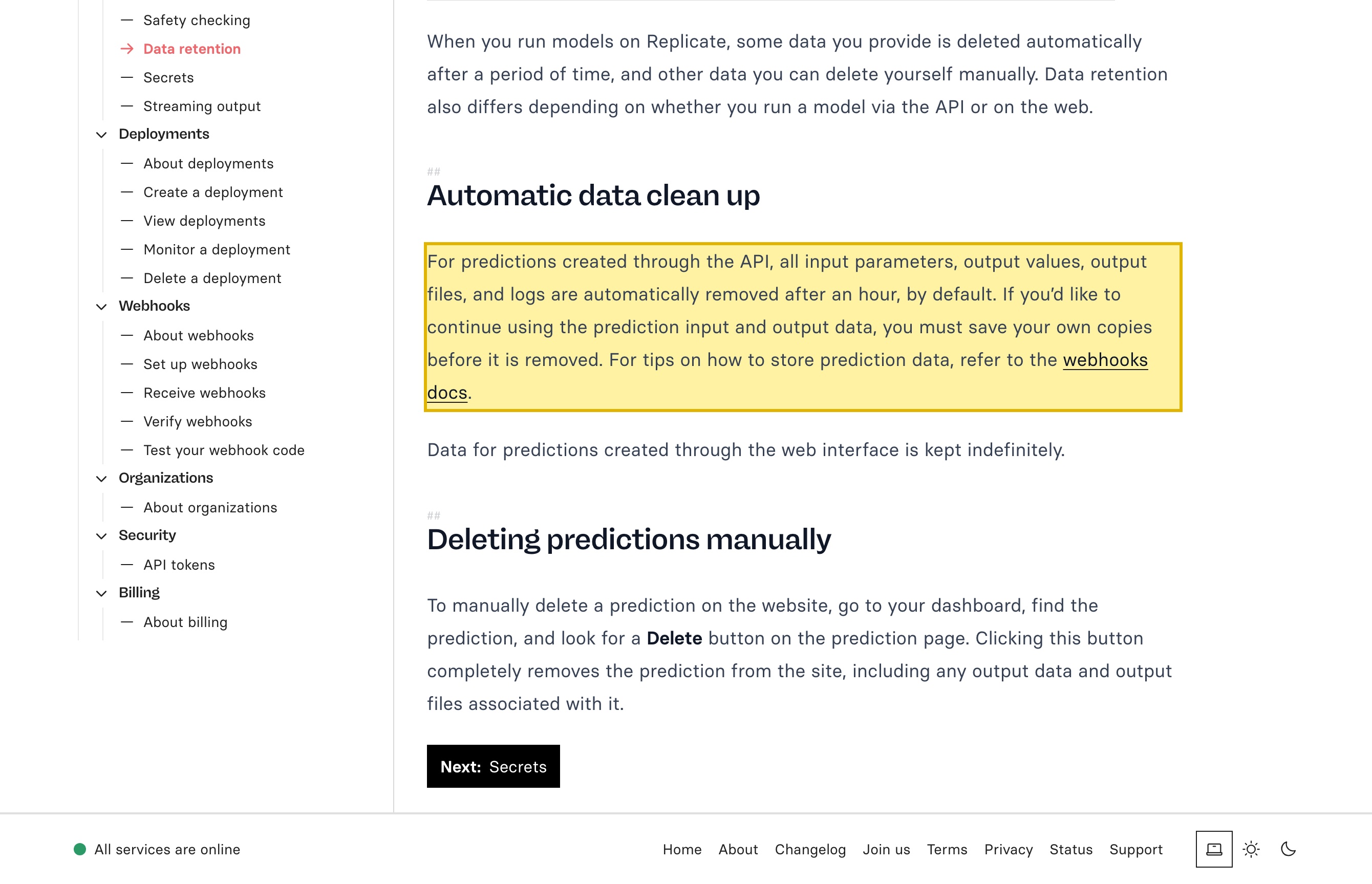 Replicate's data-retention documentation stating that for predictions created through the API all input parameters, output values, output files, and logs are automatically removed after an hour by default, and that data for predictions created through the web interface is kept indefinitely — processed on Replicate's offshore infrastructure with no mainland-China region