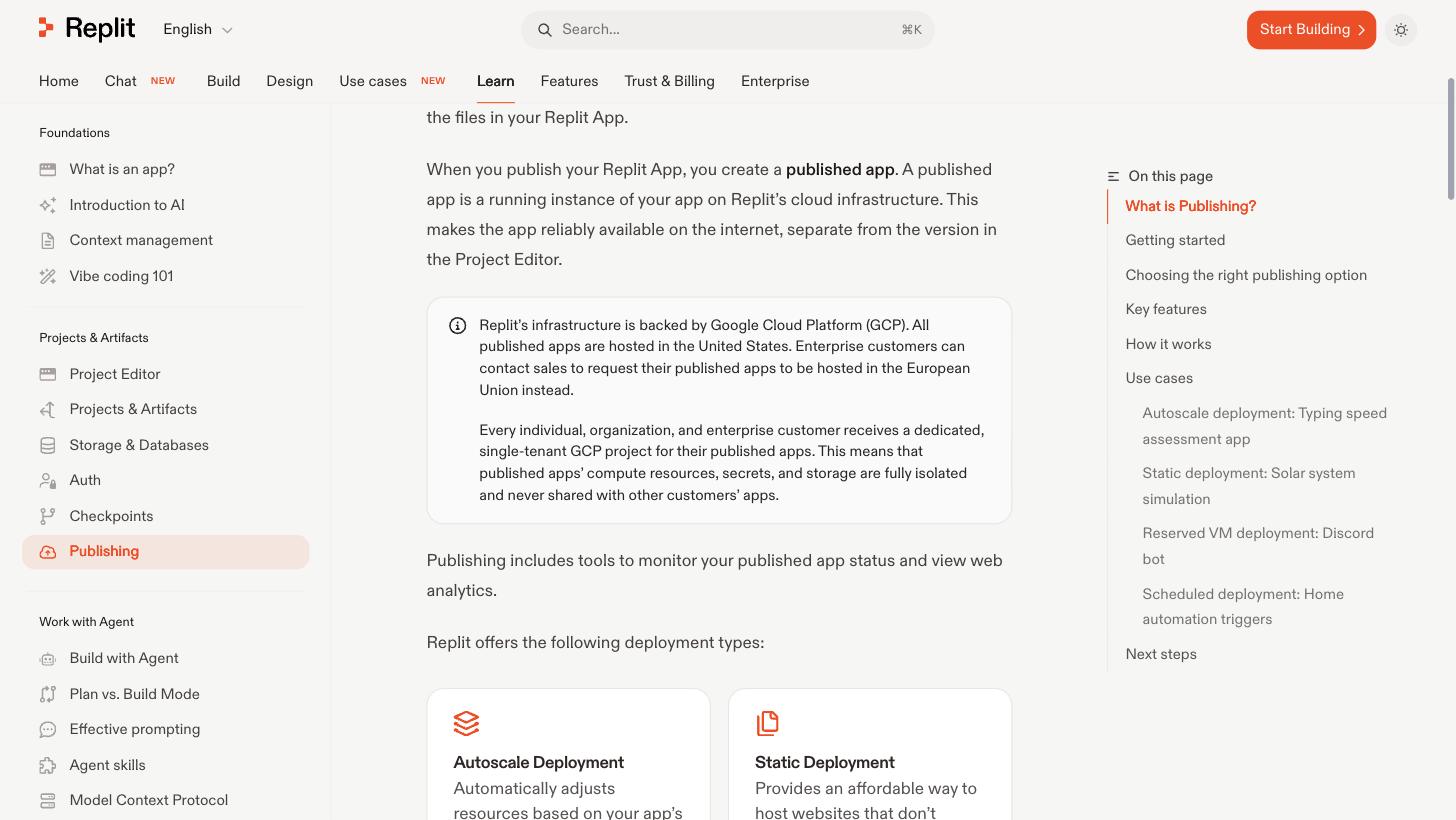 Replit's Publishing documentation stating that Replit's infrastructure is backed by Google Cloud Platform and that all published apps are hosted in the United States, with the European Union available to enterprise customers