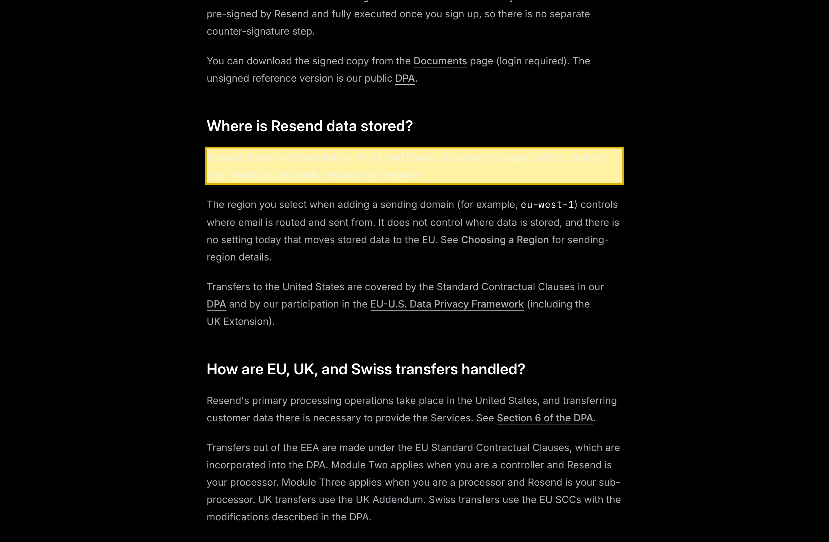 Resend's GDPR documentation page stating that Resend stores customer data in the United States, including message content, delivery logs, webhook payloads, and account records, and that choosing a sending region such as eu-west-1 does not control where data is stored