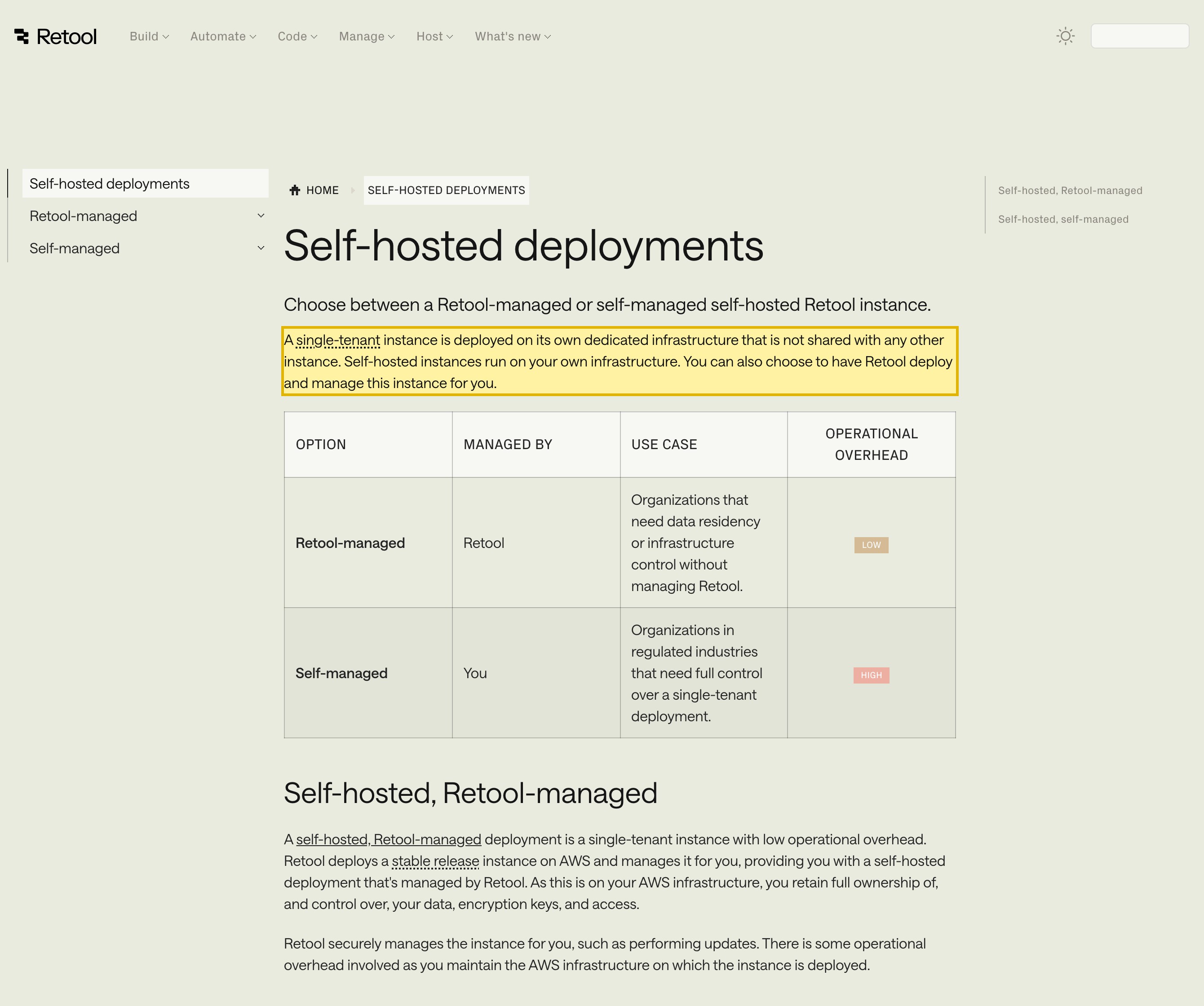 Retool's Self-hosted deployments documentation page, stating that self-hosted Retool instances run on your own infrastructure, with a choice between Retool-managed and self-managed deployments — showing Retool offers a self-hostable edition you can deploy in-country