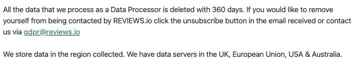 REVIEWS.io user privacy policy stating that it stores data in the region collected and has data servers in the UK, European Union, USA and Australia — with no mainland-China region