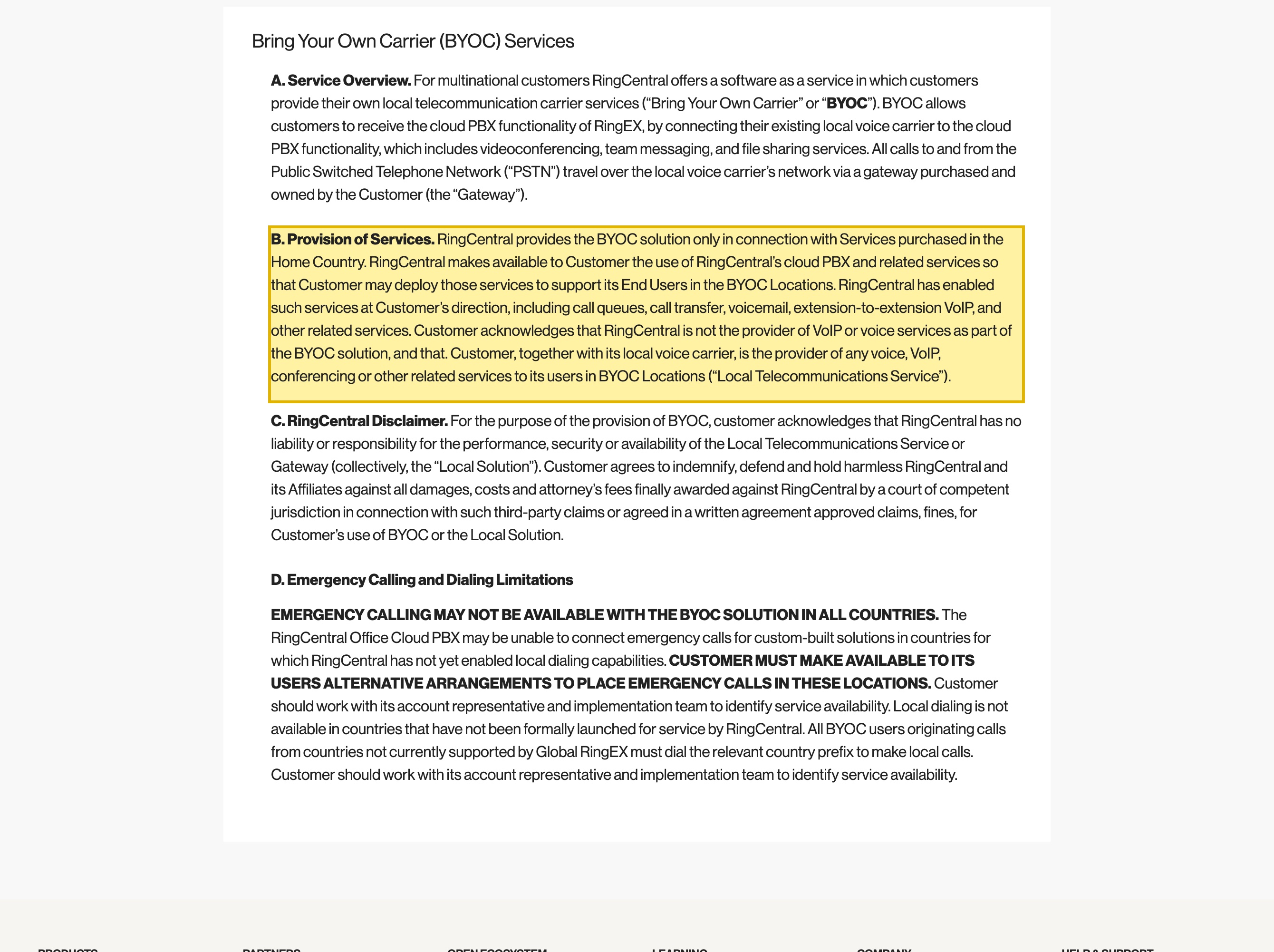 RingCentral's Bring Your Own Carrier service description stating that RingCentral is not the provider of VoIP or voice services and that the customer, together with its local voice carrier, is the provider of voice in each country.