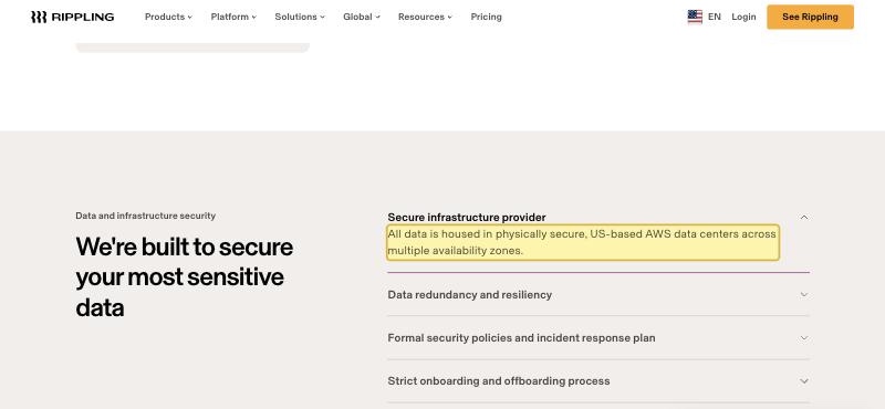 Rippling's own Security page, under 'Secure infrastructure provider', stating that all data is housed in physically secure, US-based AWS data centers across multiple availability zones — naming no mainland-China region