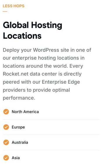 Rocket.net Network page showing Global Hosting Locations grouped as North America, Europe, Australia and Asia, with over 330 edge locations worldwide and no mainland-China location