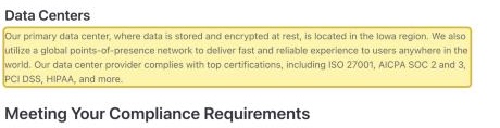 Rollbar's Security and Compliance Policy stating that Rollbar's environment is hosted on Google Cloud Platform and that its primary data center, where data is stored and encrypted at rest, is in the Iowa region — with no mainland-China region
